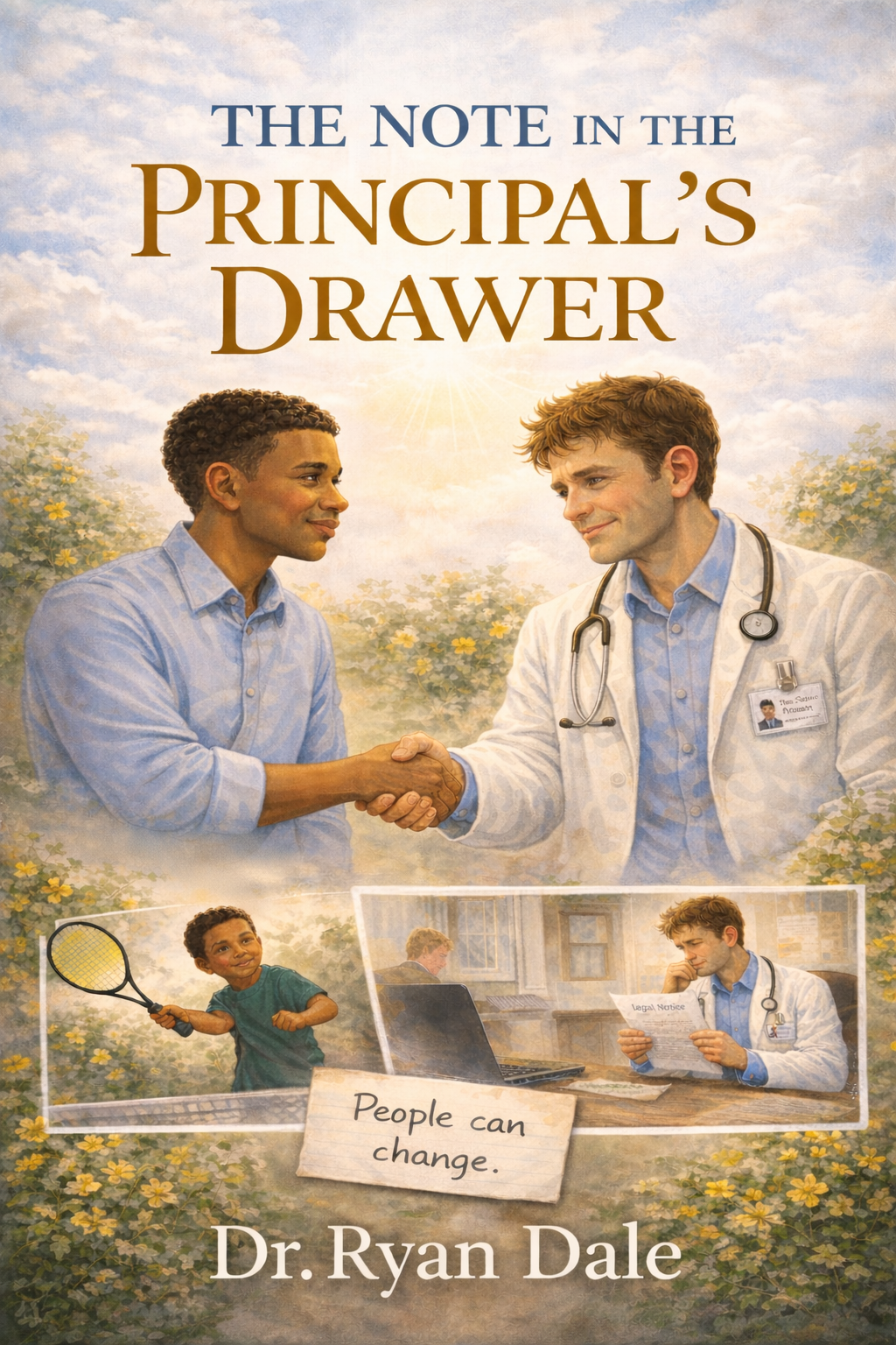 Book cover titled "The Note in the Principal's Drawer" by Dr. Ryan Dale. It features an illustration of two men shaking hands, one in a white medical coat with a stethoscope and ID badge, and the other in casual clothing. There are also smaller images of a young boy holding a tennis racket and a man reading a legal notice at a desk, with a note saying "People can change." in handwriting.