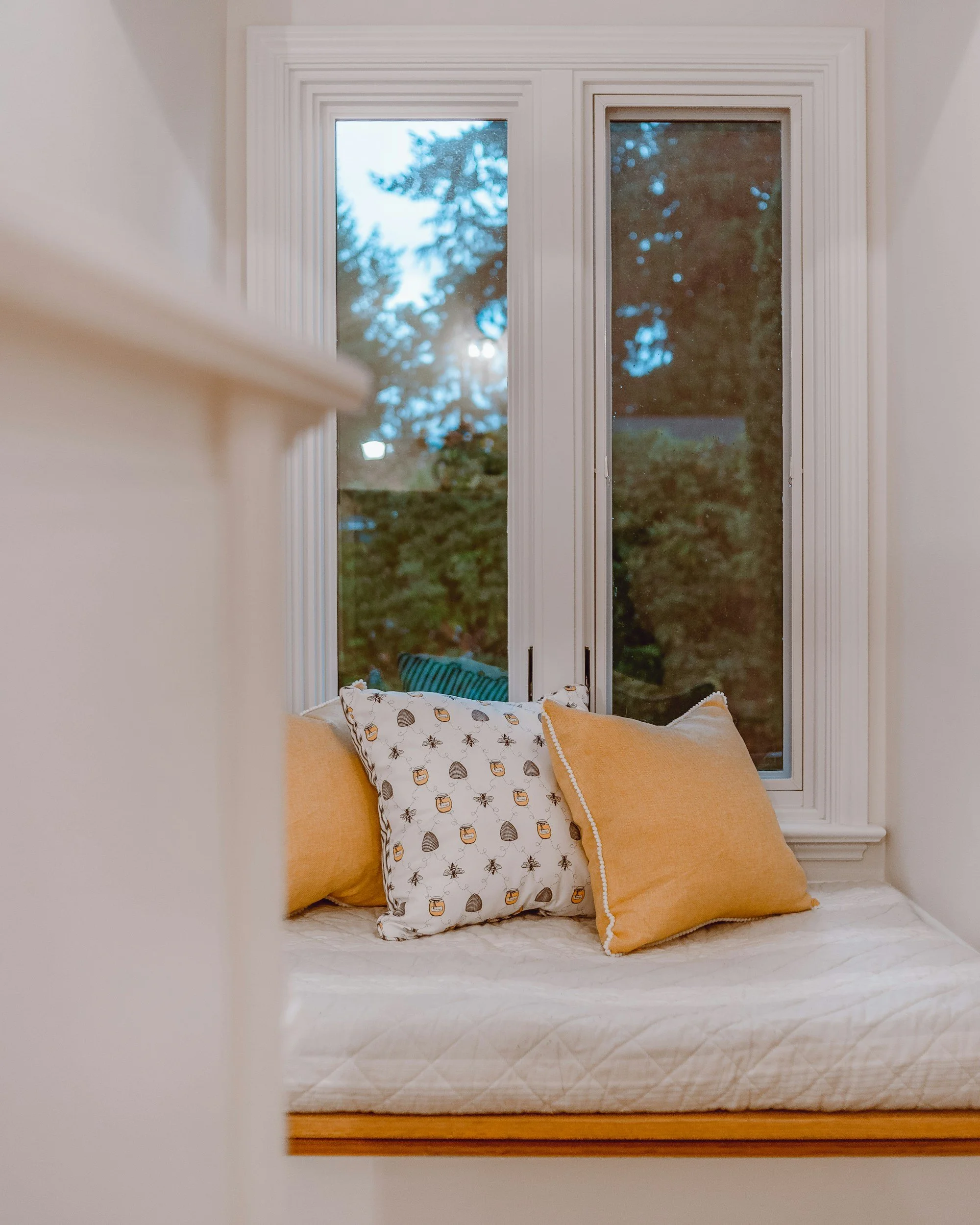 Sunlit window seat with soft cushions, a calm and safe place to rest