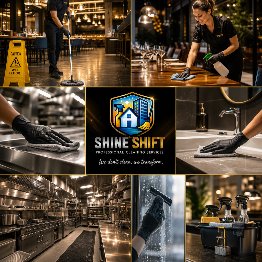 Commercial cleaning staff wiping surfaces in a restaurant, including a kitchen and dining area, with cleaning supplies and equipment visible.