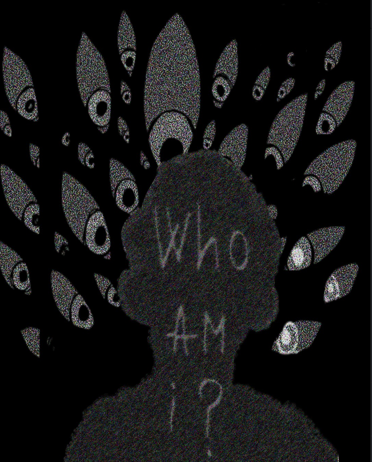 Silhouette of a person's head and shoulders with the words "Who am I?" written on the back of the head. Behind the silhouette, there are numerous sketches of eyeballs, emphasizing themes of identity and perception.