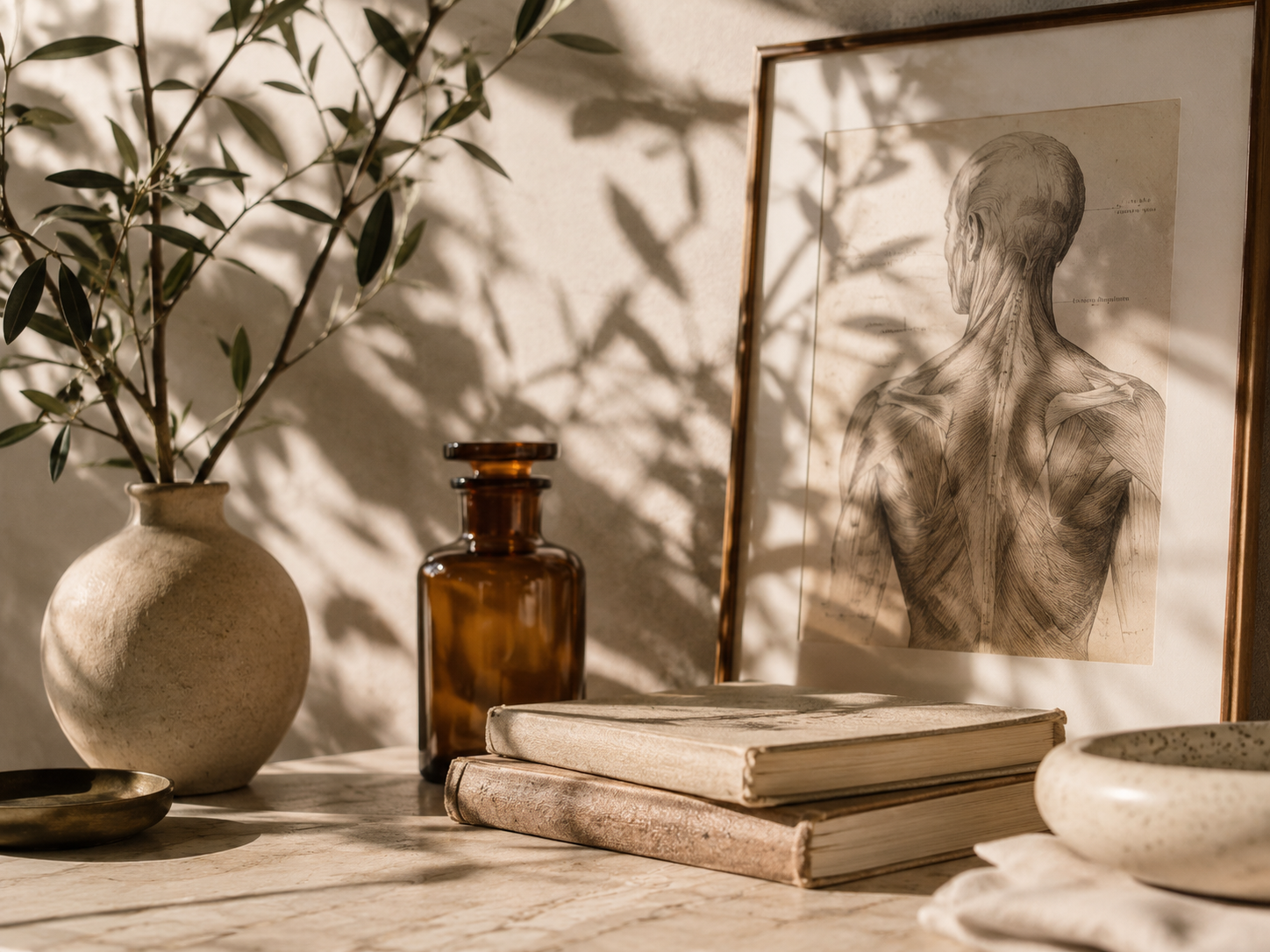 Vintage anatomy still life: Vintage anatomical artwork representing thoughtful, body-focused care