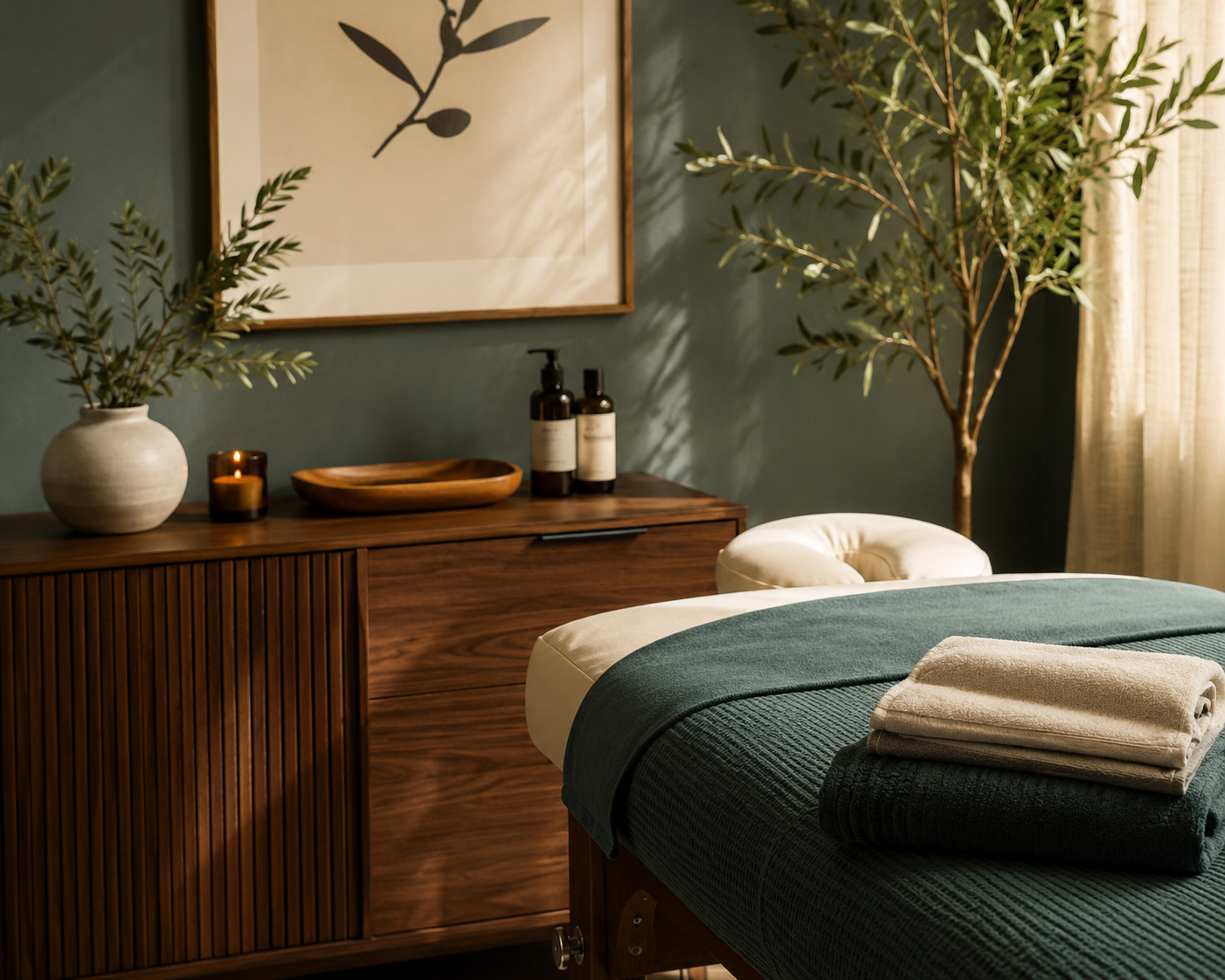 A cozy massage room with a massage table covered in dark green fabric and neatly folded towels on top. In the background, there is a wooden sideboard with decorative items, including a large white vase with green branches, candles, and bottles. The r