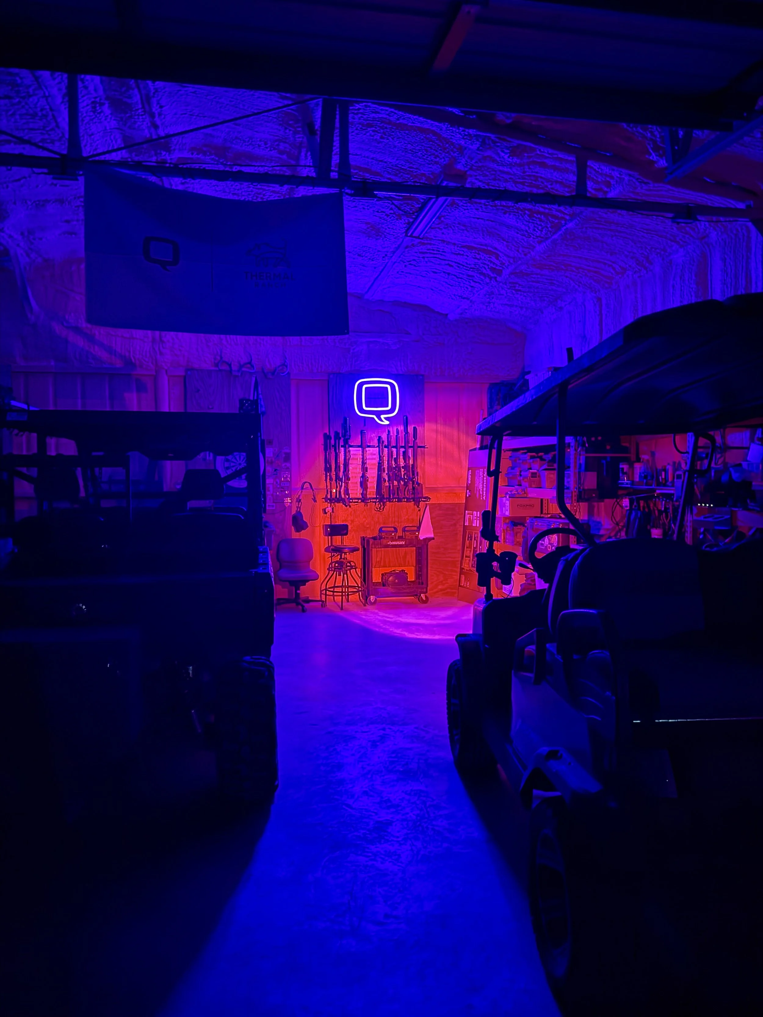 Indoor golf simulation room with purple and red LED lighting, golf clubs mounted on the wall, golf carts, and various sports equipment visible.
