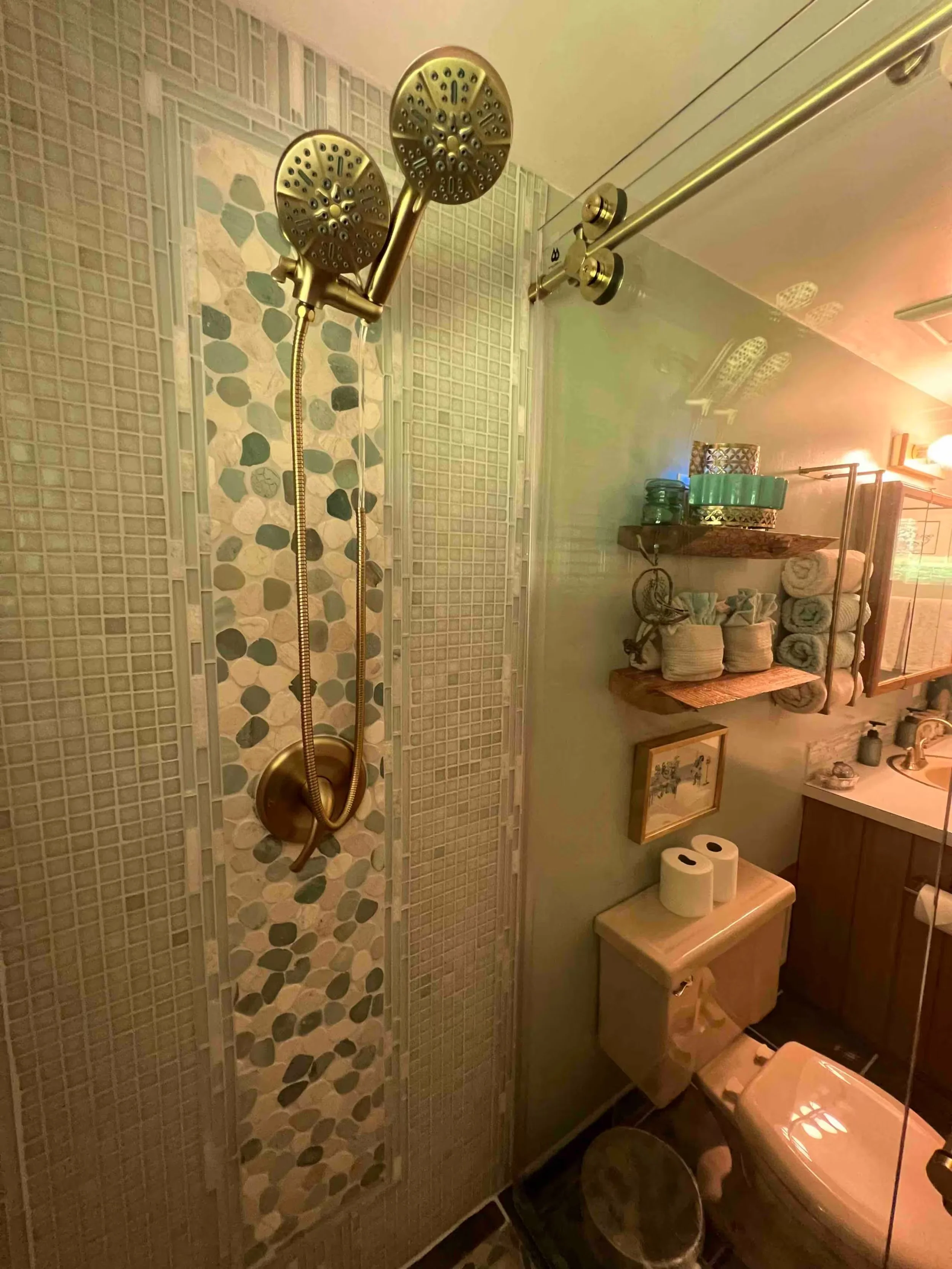 Dual head shower with space for two.