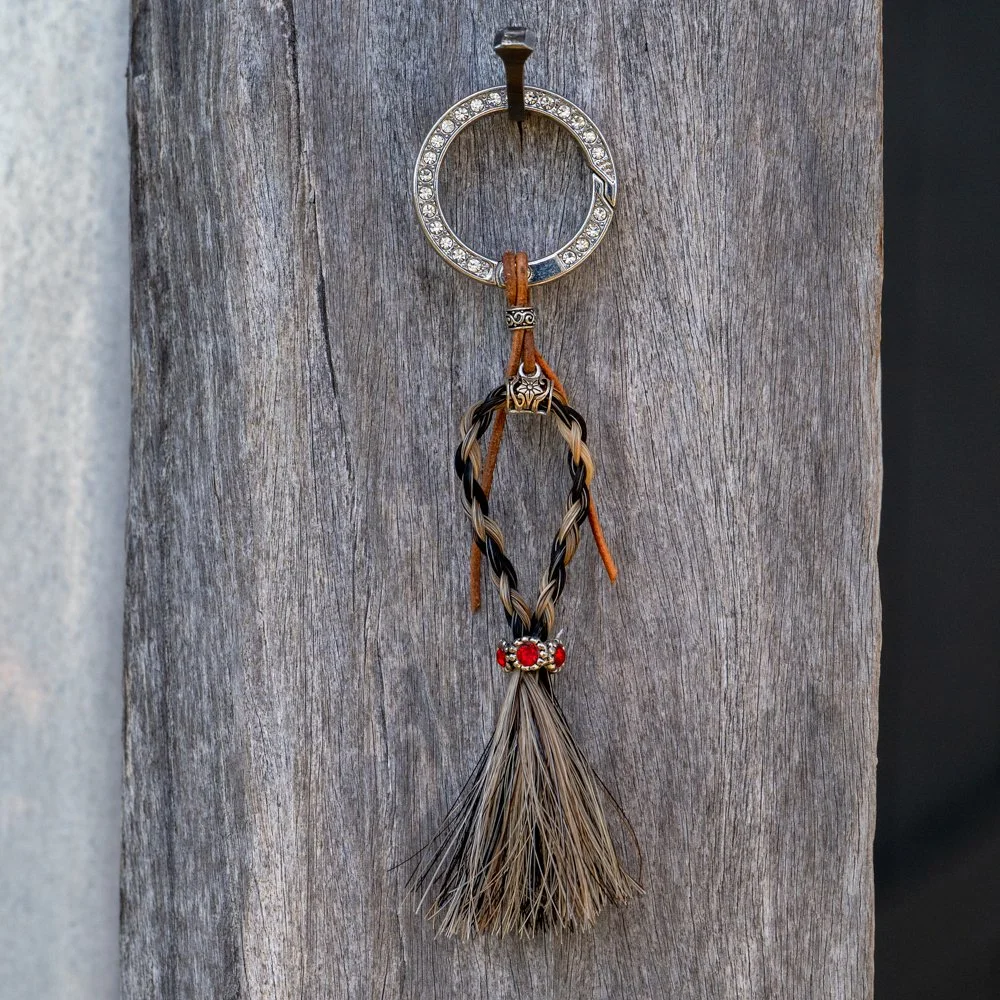 Key ring hoop n tassel - Bay n Taffy, Bling ring, red bead & leather lace