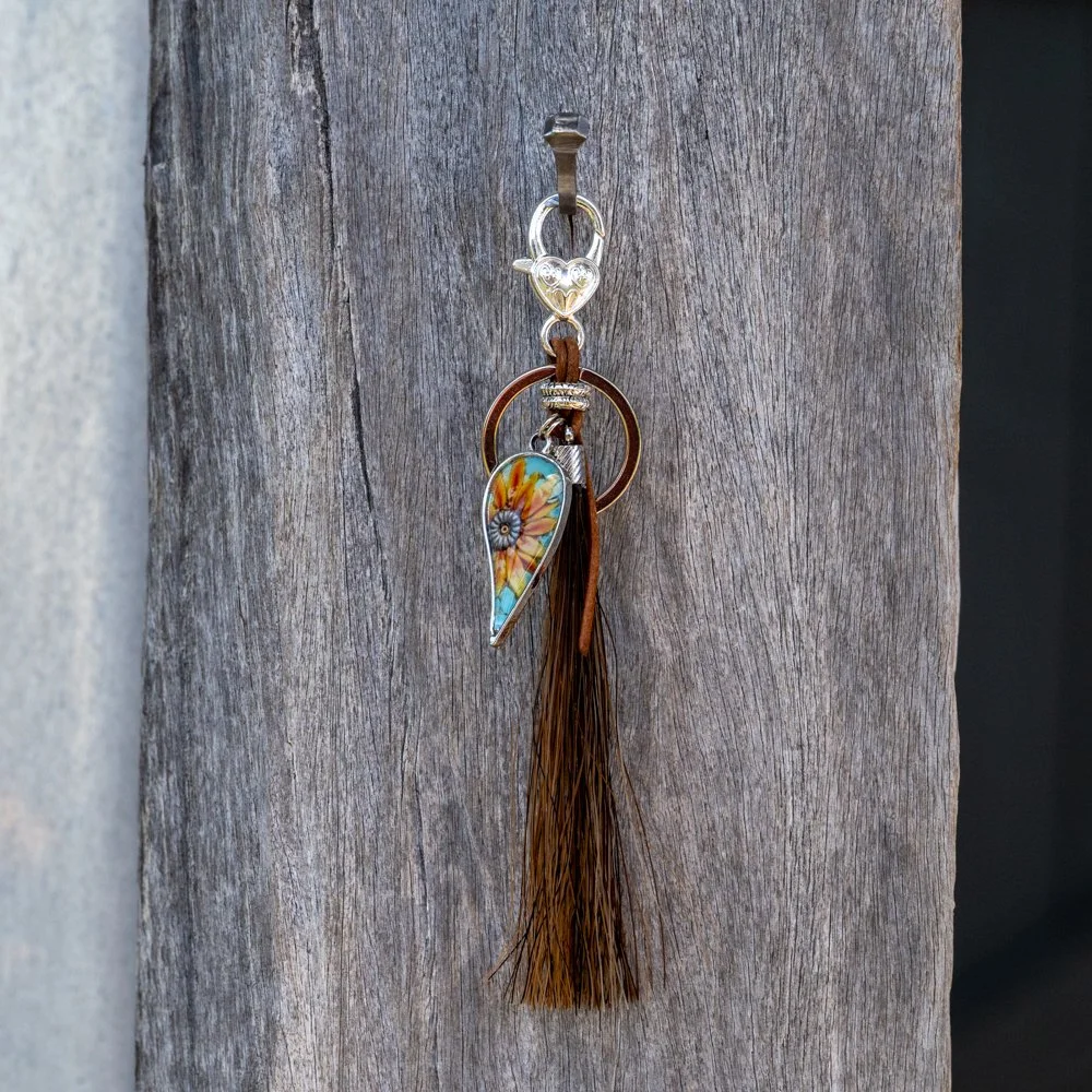 Hanging Chestnut Tassel with Sunflower teardrop pendant & leather lace