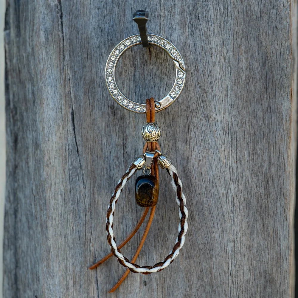 Key ring multi colour looped with Tiger eye bead, bling ring & leather lace