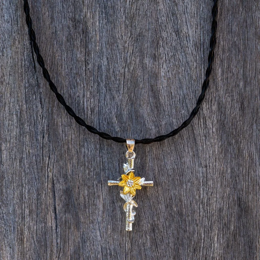 Necklace Brown - Sunflower & Cross - Long
