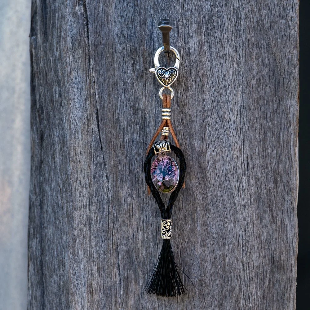 Key ring Bay Hoop n Tassel with Pink Tree pendant & leather lace