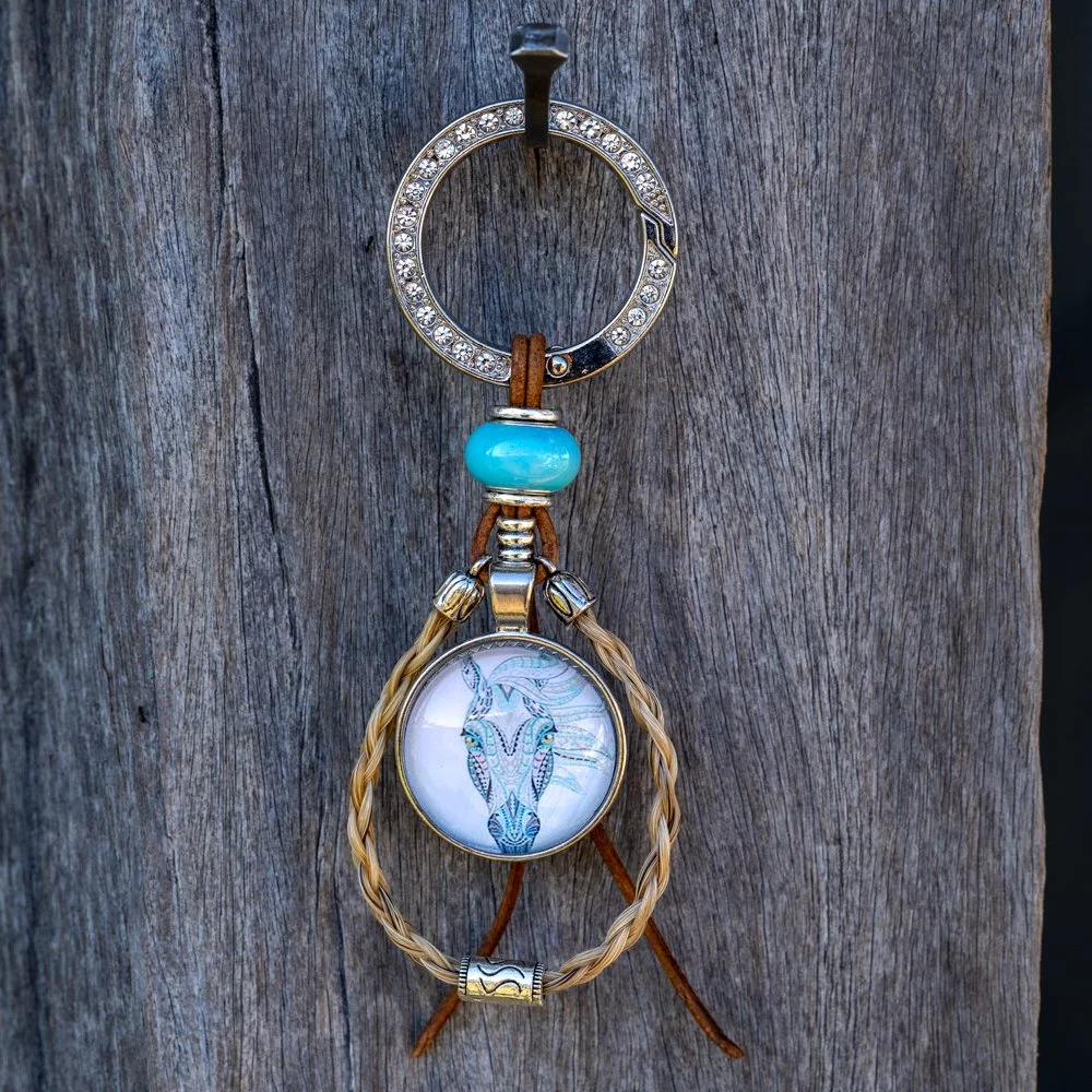 Key ring Taffy looped with Blue Horse pendant, bling ring & leather lace