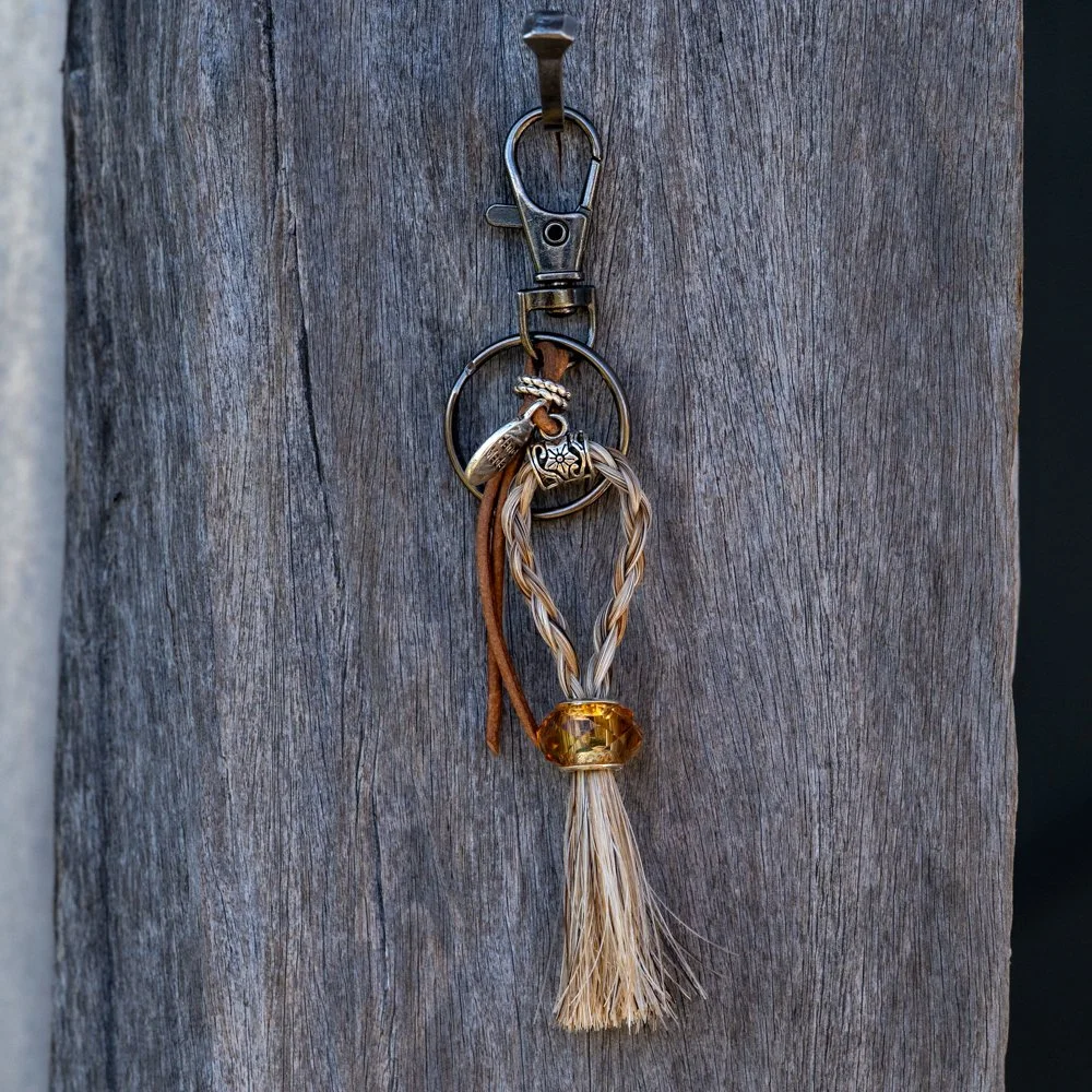 Key ring Grey n Taffy - Tan bead & leather lace
