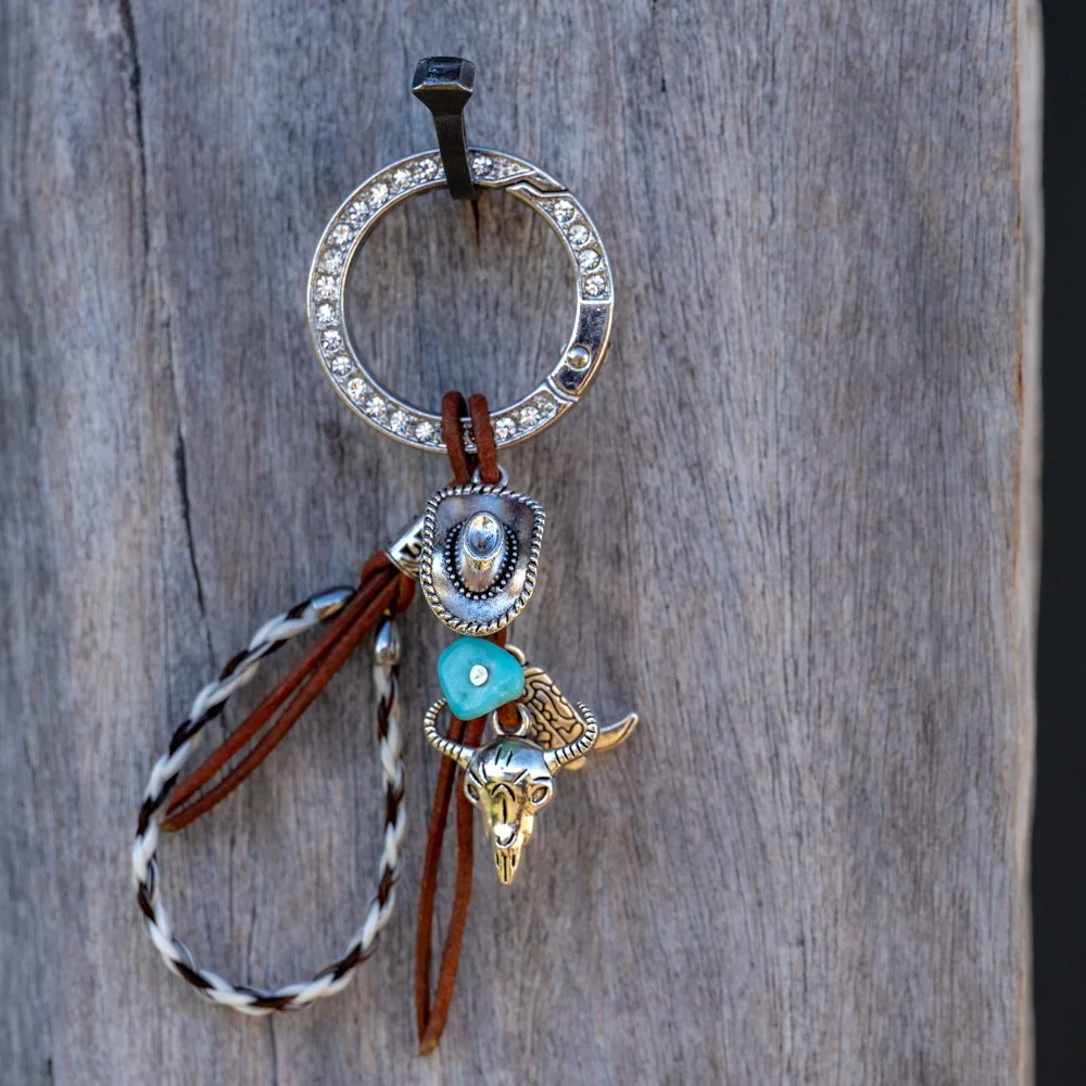 Key ring Loop Multi colour - Cowboy, turquoise with leather lace and bling ring