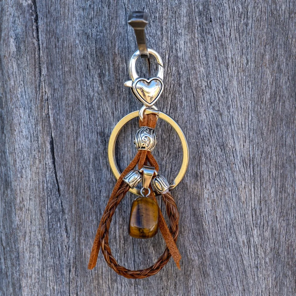 Key ring Chestnut looped with Tiger eye stone & leather lace