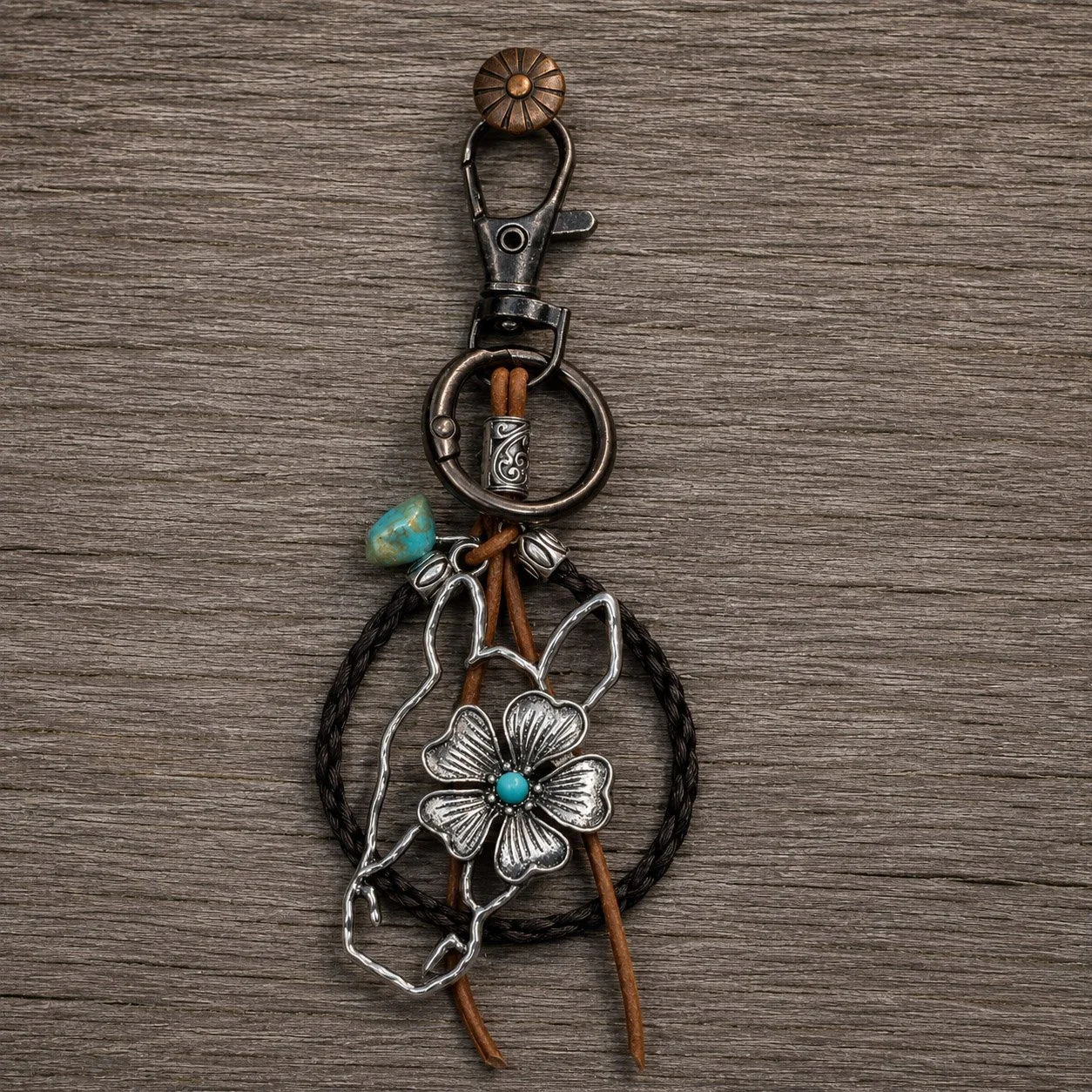 Key ring Bay looped with turquoise horse head pendant - leather lace with black ring