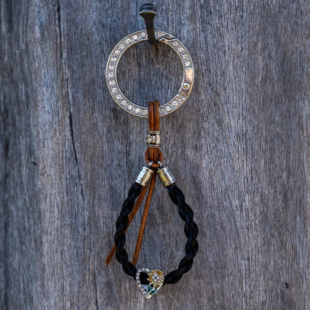 Key ring looped - Bay with sunflower heart bead, bling ring and leather lace