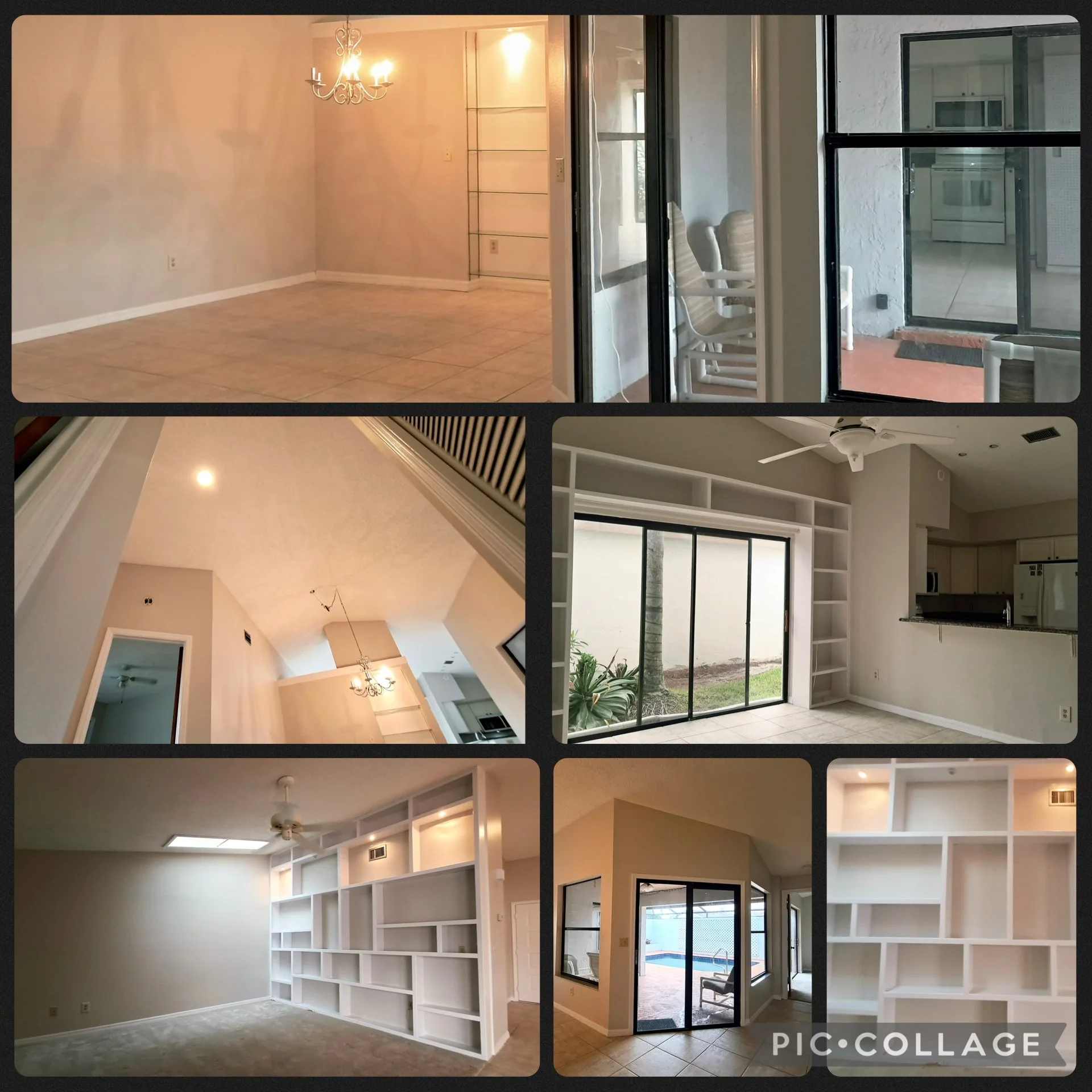 Collage of interior photos of a house, including a living room with a chandelier and tiled floor, a room with high ceilings and large windows, and a sliding glass door opening to a backyard with a pool.