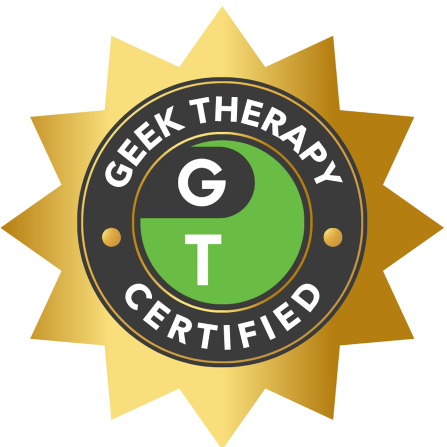 Geek Therapy Certified badge with a green and black center, featuring the initials G and T, surrounded by a gold starburst.