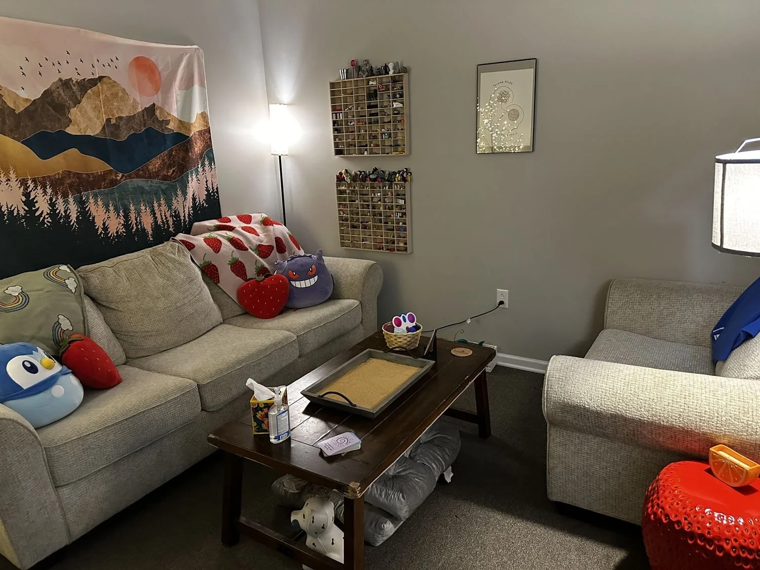 Living room with beige sofas, colorful plush pillows, and wall decorations, including a tapestry with mountains and trees, a framed art piece, and shelves with small items. There are toys on the couches, a wooden coffee table with items, and a lamp p