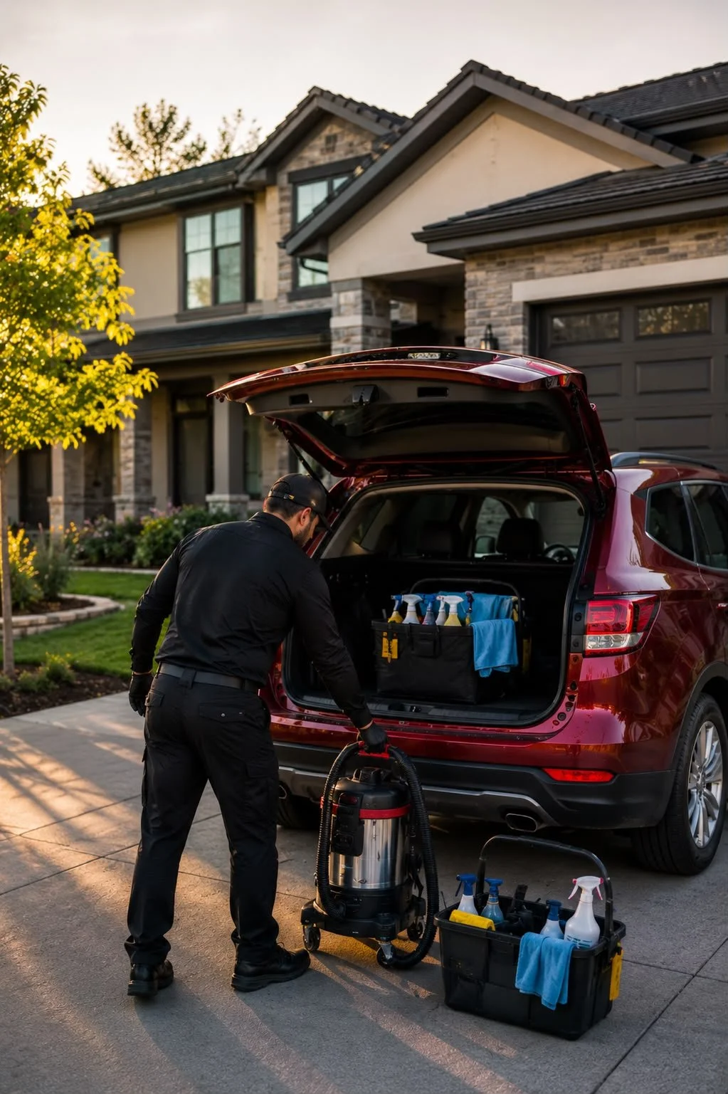 BrightCore Cleaning Services team arriving for residential cleaning service in Sacramento, CA with professional cleaning equipment.