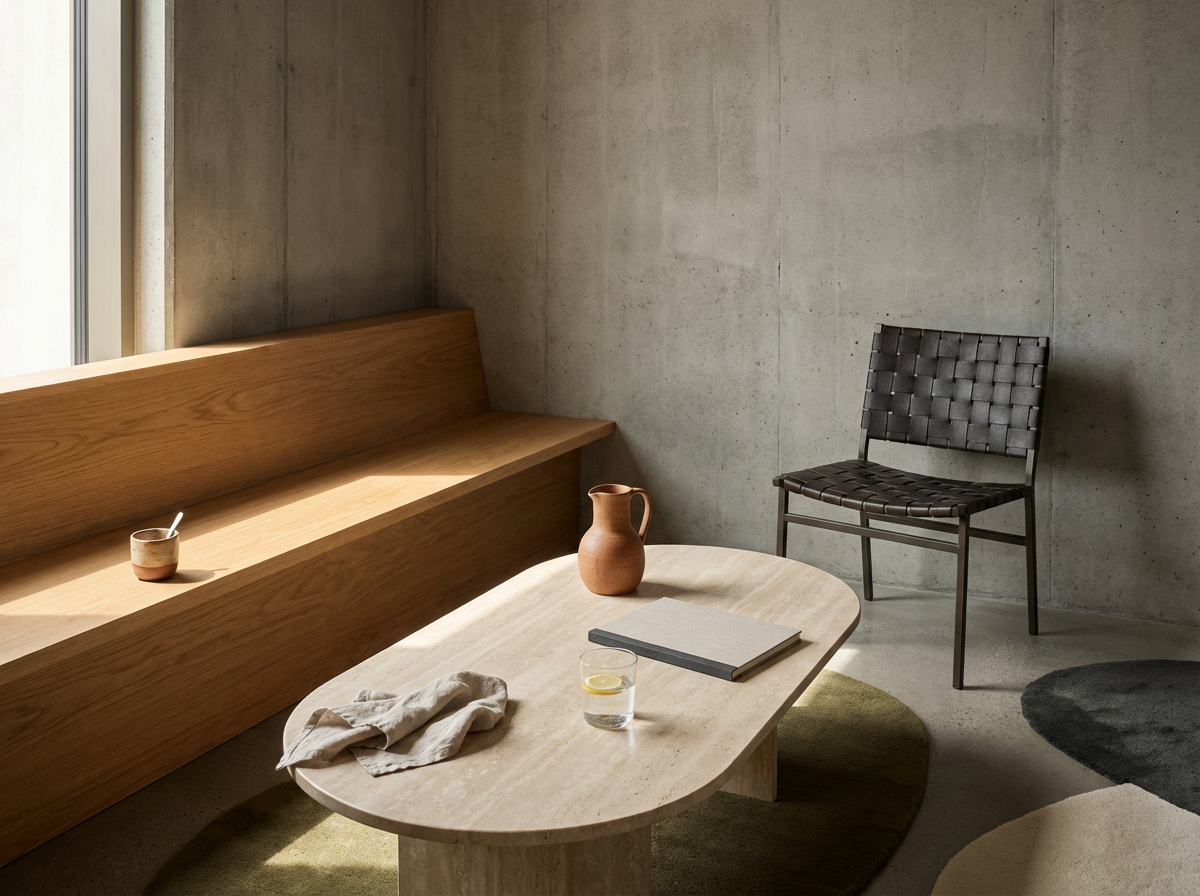 Minimalist room with concrete walls, a wooden bench by a window, a round wooden table with a beige cloth, a glass of water with lemon, a closed book, a ceramic pitcher, and a metal chair with a woven leather seat in the background.