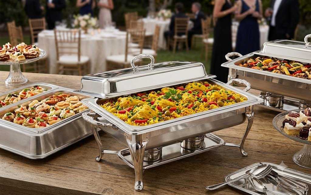 Buffet table with trays of pasta salad and various appetizers at an outdoor event with guests in the background.