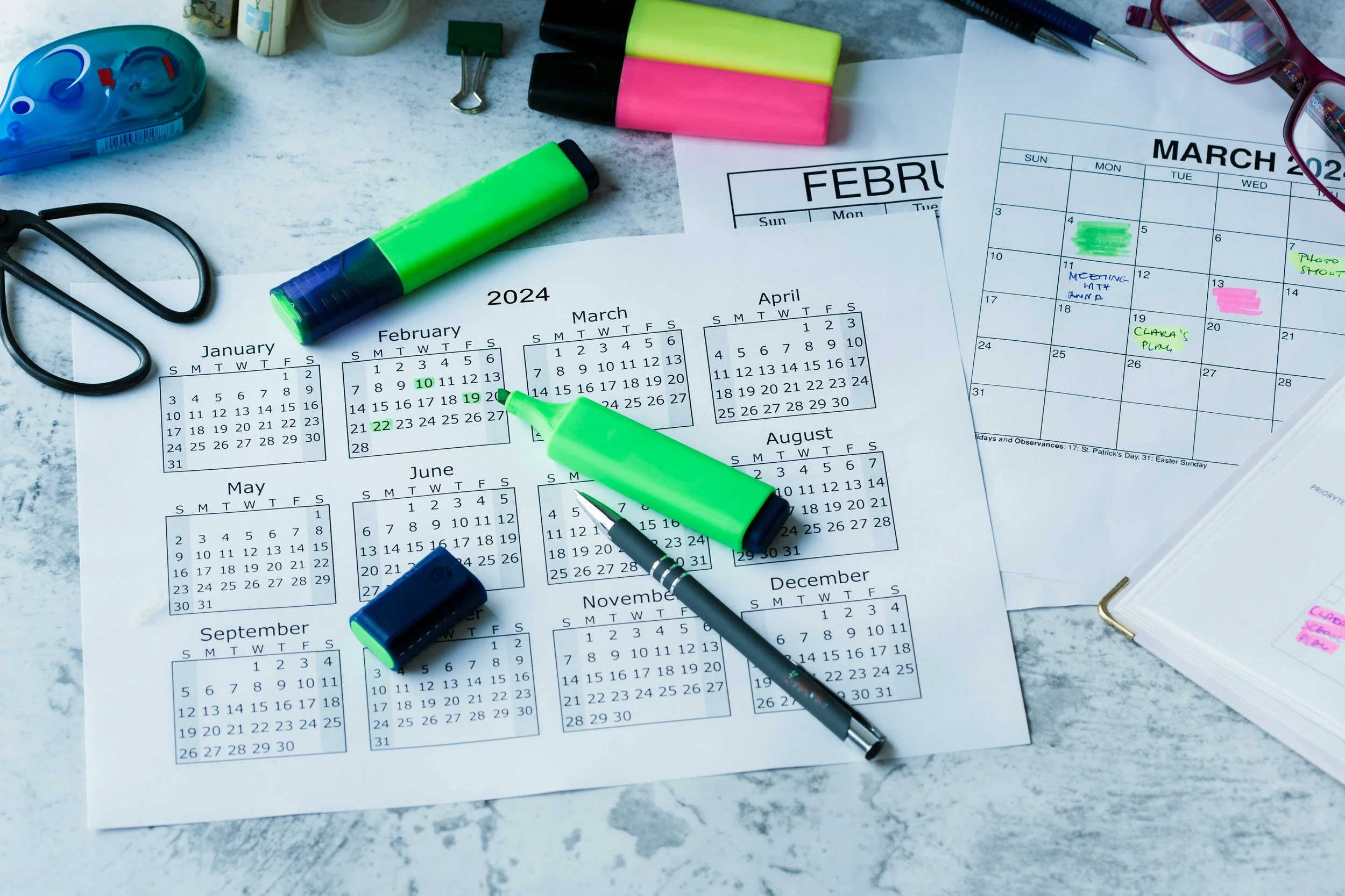 Family calendar on a kitchen table