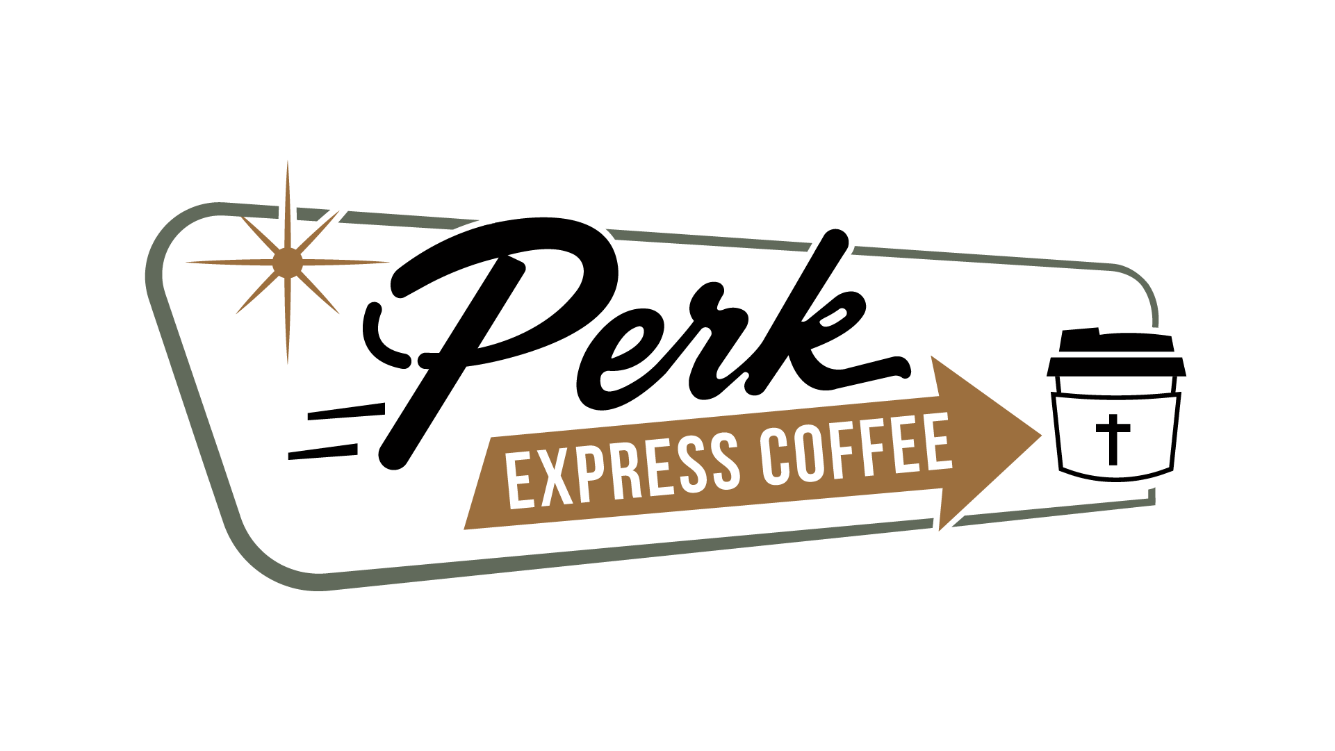 A vintage-style neon sign with a large star, an arrow pointing right, and the words 'Perk Express Coffee'.