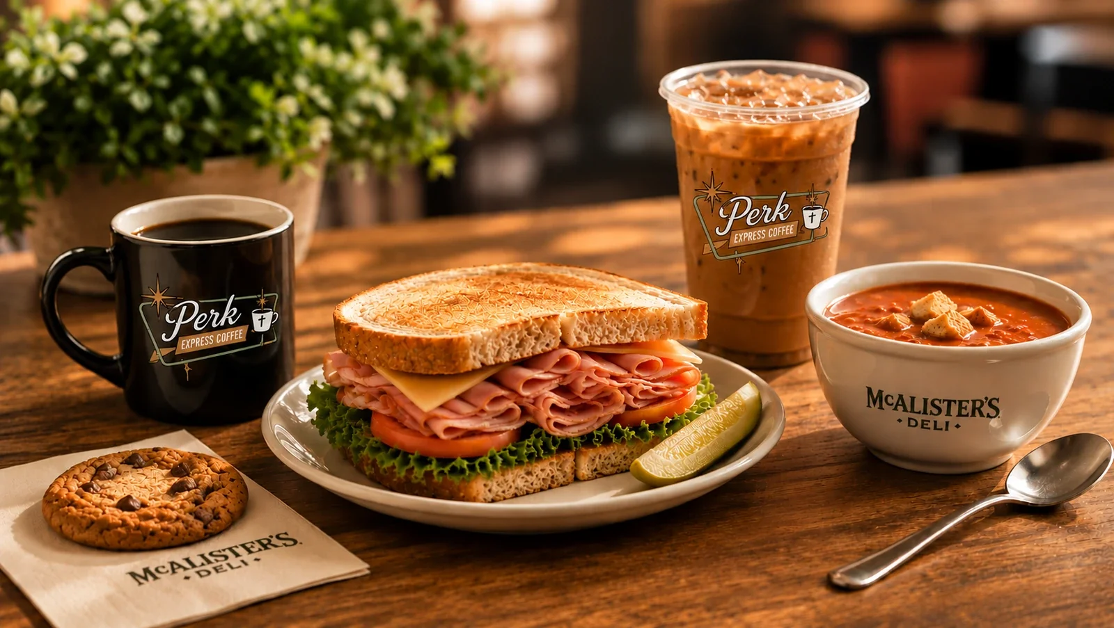 A spread of breakfast items on a wooden table, including a black mug of coffee, a sandwich with sliced ham and cheese on toasted bread, a chocolate chip cookie on a napkin, a cup of hot tomato soup with croutons, and a large iced coffee, all branded with McAlister's Deli and Perk Express Coffee logos.