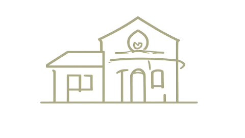 Simple line drawing of a house with trees and a heart symbol above the front door.