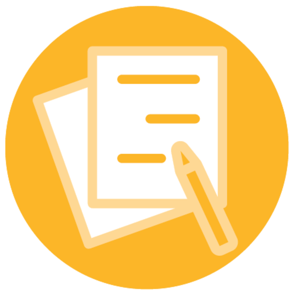 Illustration of a hand writing on a piece of paper with a pen, with another sheet underneath against an orange background.