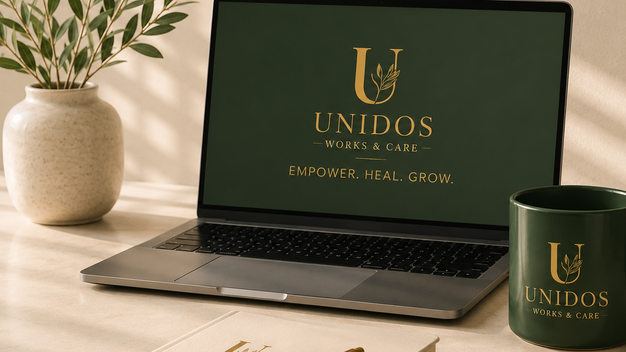 A laptop, a green coffee mug, a cream-colored vase with green leaves, and a notebook on a light-colored desk, all displaying the Unidas Works & Care logo with the tagline "Empower. Heal. Grow."