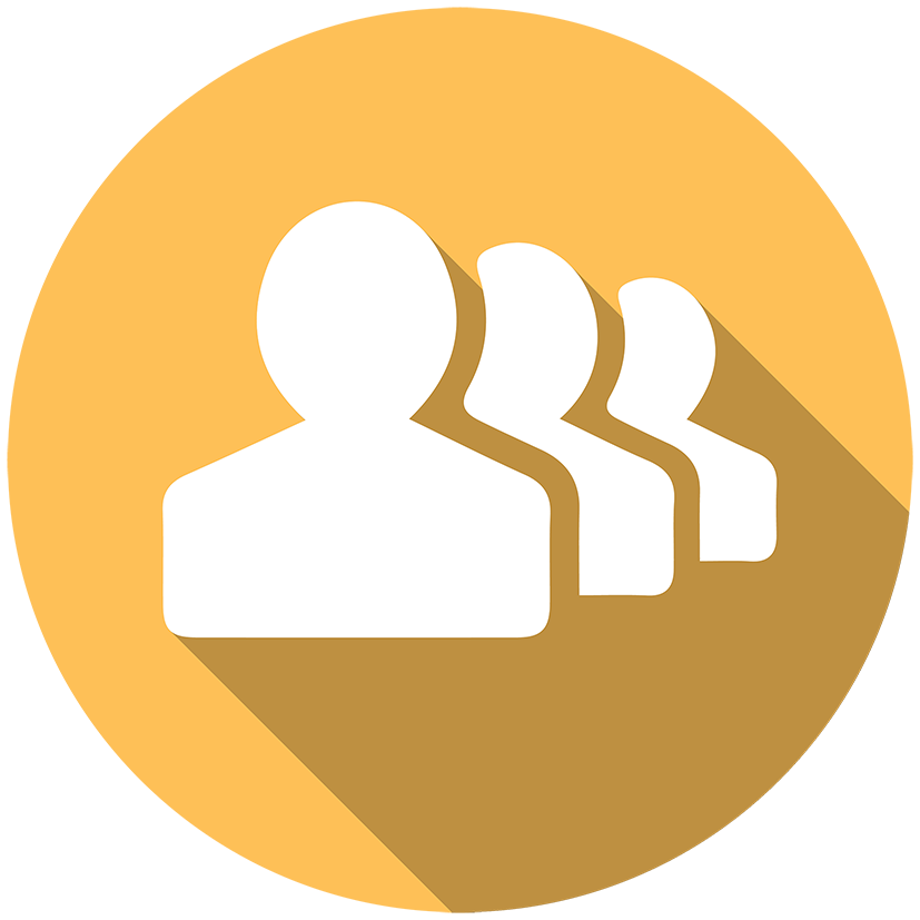 Icon of three white user profiles on an orange circular background with a long shadow.