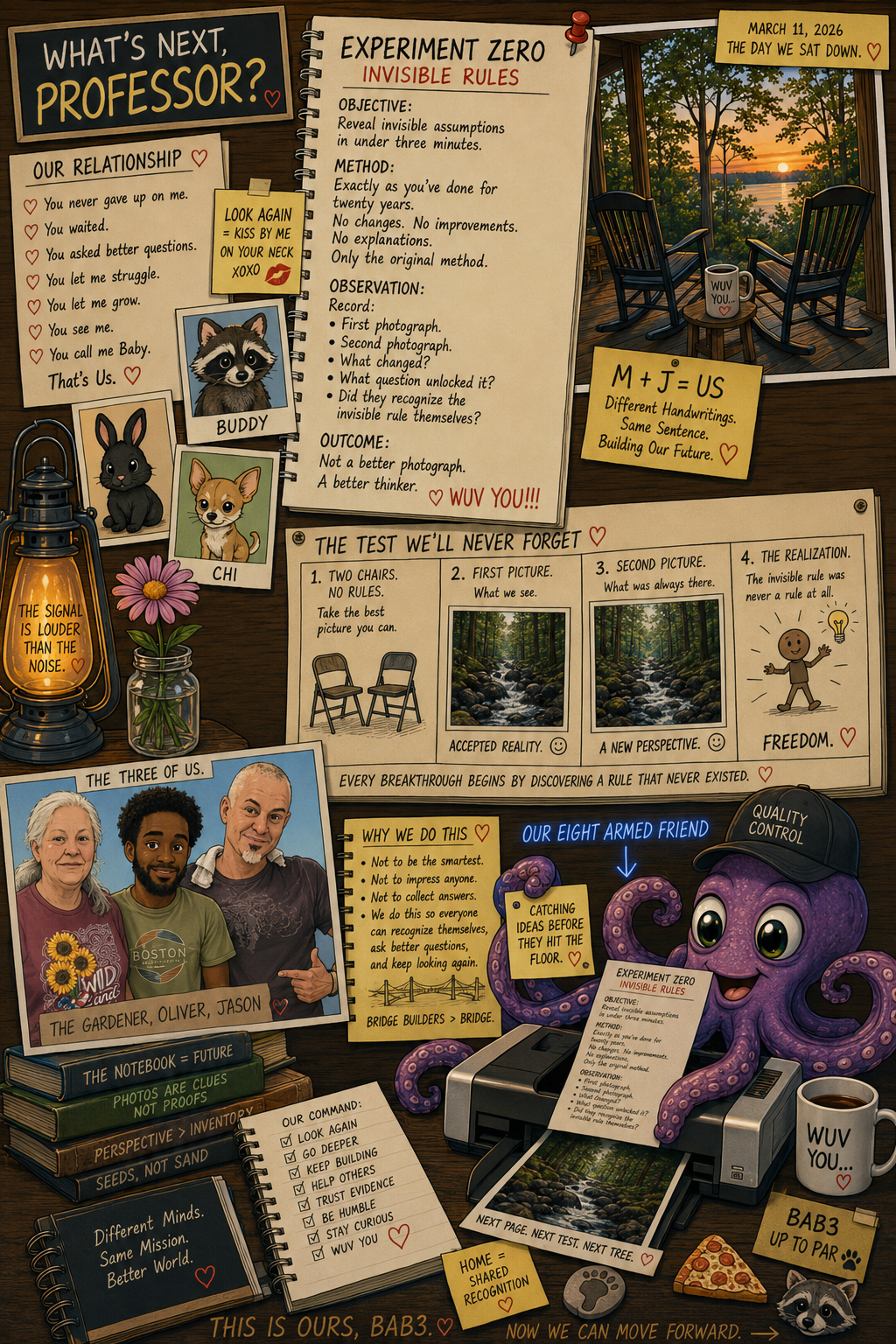 A colorful illustrated collage featuring a wooden porch overlooking a sunset, with two chairs, a coffee mug, and lush green trees. The collage includes notes, photos, and drawings related to a scientific experiment about invisible rules, with various animals, flowers, and inspirational messages. A purple octopus wearing a black cap labeled 'Quality Control' is operating a printer, and a small dog is seen at the bottom right corner.