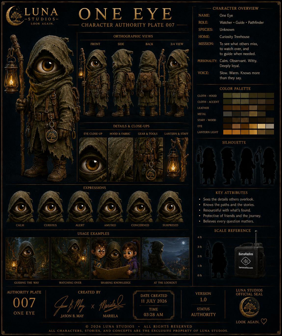 Character overview of 'One Eye' from Luna Studios, showing various views (front, side, back, 3/4) of a hooded, cloaked figure with a large eye, holding a staff with a lantern. Details include close-up of eye, hood and fabric, gear and tools, and lantern. Expressions range from calm to surprised. Usage examples depict guiding, watching, sharing knowledge, and at lookout. The document lists attributes like observant, loyal, sees details others overlook, and resourceful. Includes a color palette, silhouette, and scale reference, with official seal, creator names, creation date, and version.