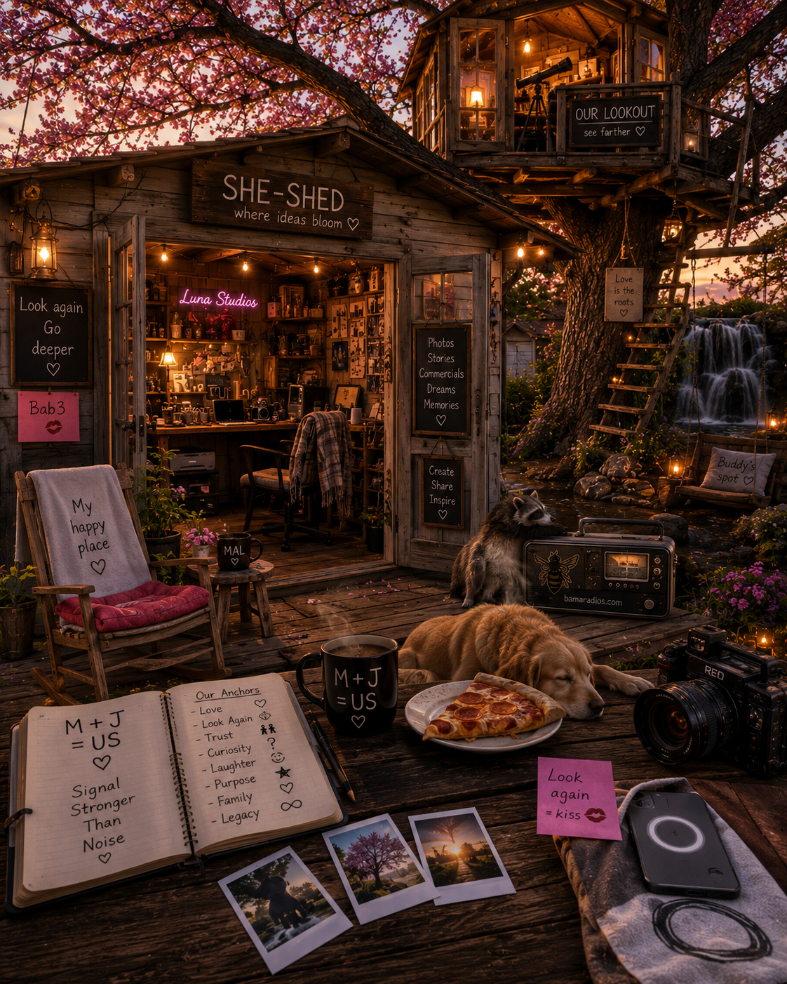 A cozy outdoor scene featuring a wooden shed decorated with signs and lights, surrounded by blooming trees at sunset. There are two dogs resting, a camera, a radio, a steaming coffee mug, photographs, notebooks, and snacks on a wooden table in the foreground. The shed acts as a creative workspace with a sign reading 'SHE-SHED where ideas bloom' and inside, it is well-lit with shelves and equipment.