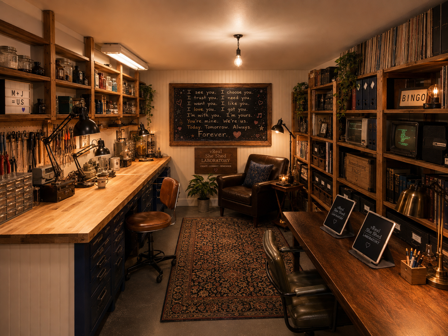 A cozy home office or studio with wooden shelves filled with books, vinyl records, and decorative items. There is a long work desk with tools, a lamp, and a chair, and a sitting area with a leather armchair, small side table, and plants. Soft lighting creates a warm atmosphere, with a chalkboard and framed sign on the wall.