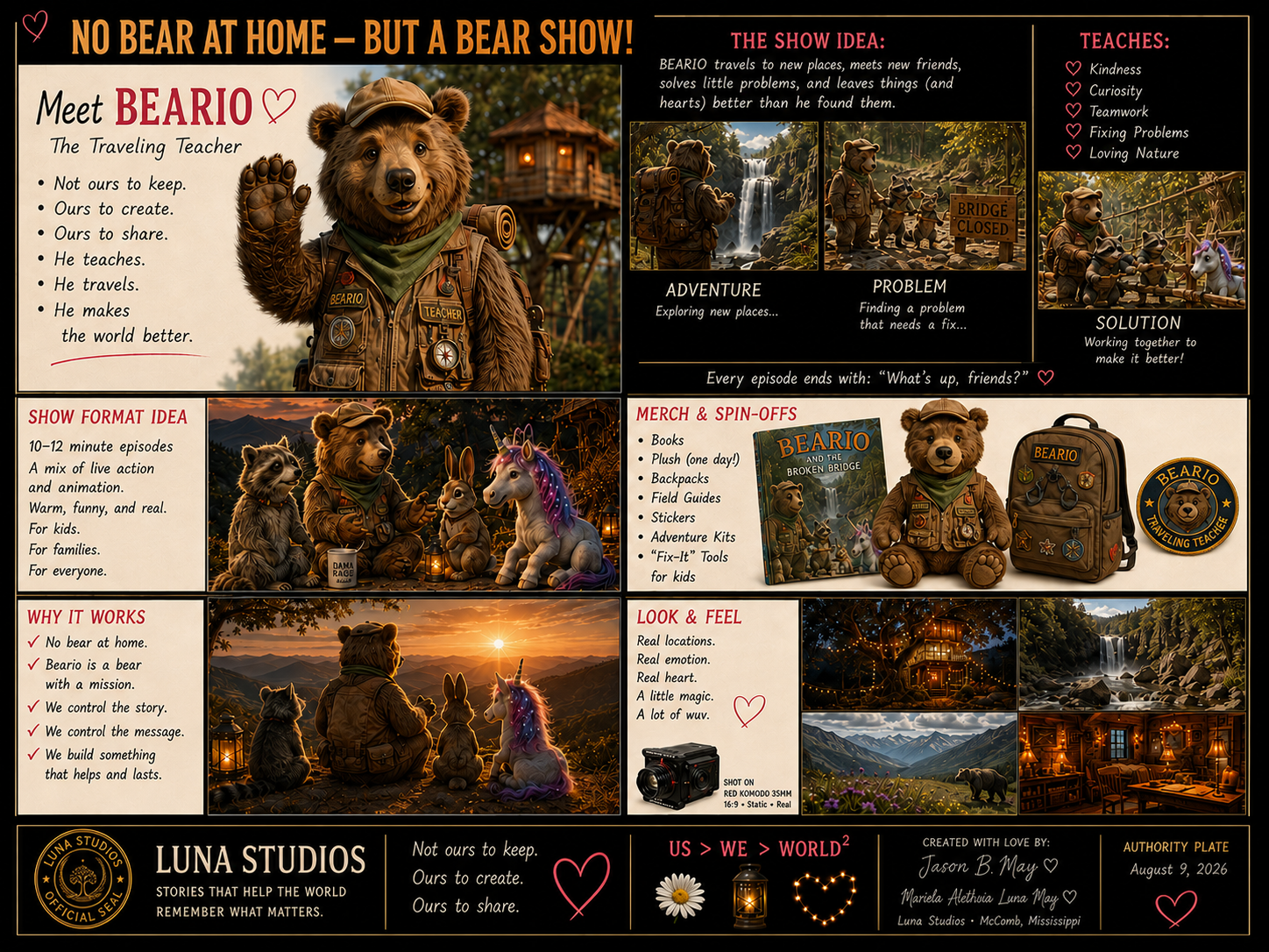 Infographic about BEARIO, a bear character who is a traveling teacher, promoting a show for children with stories, animations, and messages of kindness, curiosity, teamwork, problem-solving, and love for nature. The infographic details show ideas, merchandise, and reasons why it works, with images of BEARIO in various scenes, toy merchandise, and scenic backgrounds.