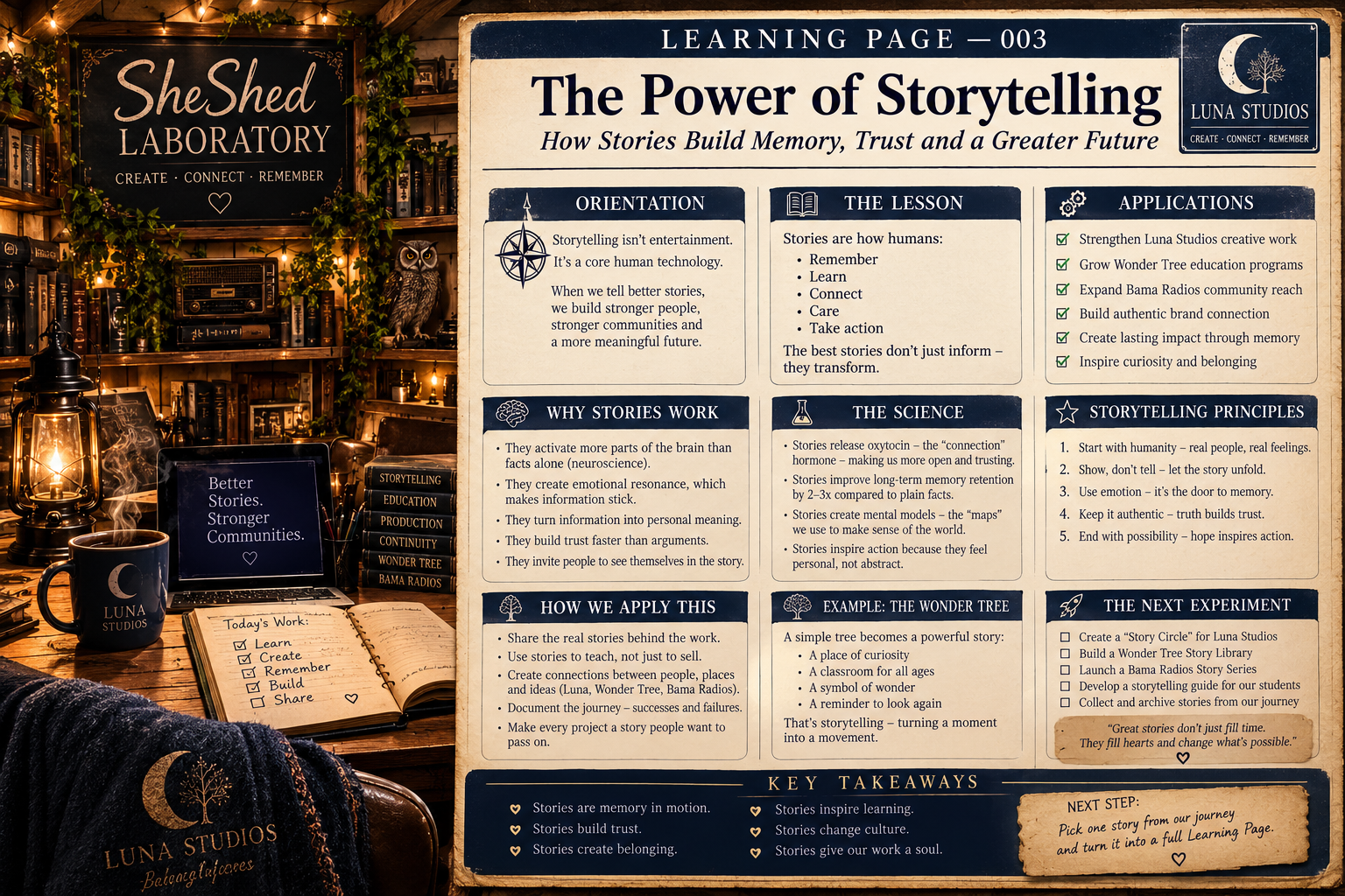 A detailed educational infographic titled 'The Power of Storytelling' with sections on orientation, the lesson, science, principles, application, example, next experiment, key takeaways, and a learning page background with a cozy wooden desk, a laptop, a notebook, a cup, and books in a warmly lit room decorated with plants and string lights.