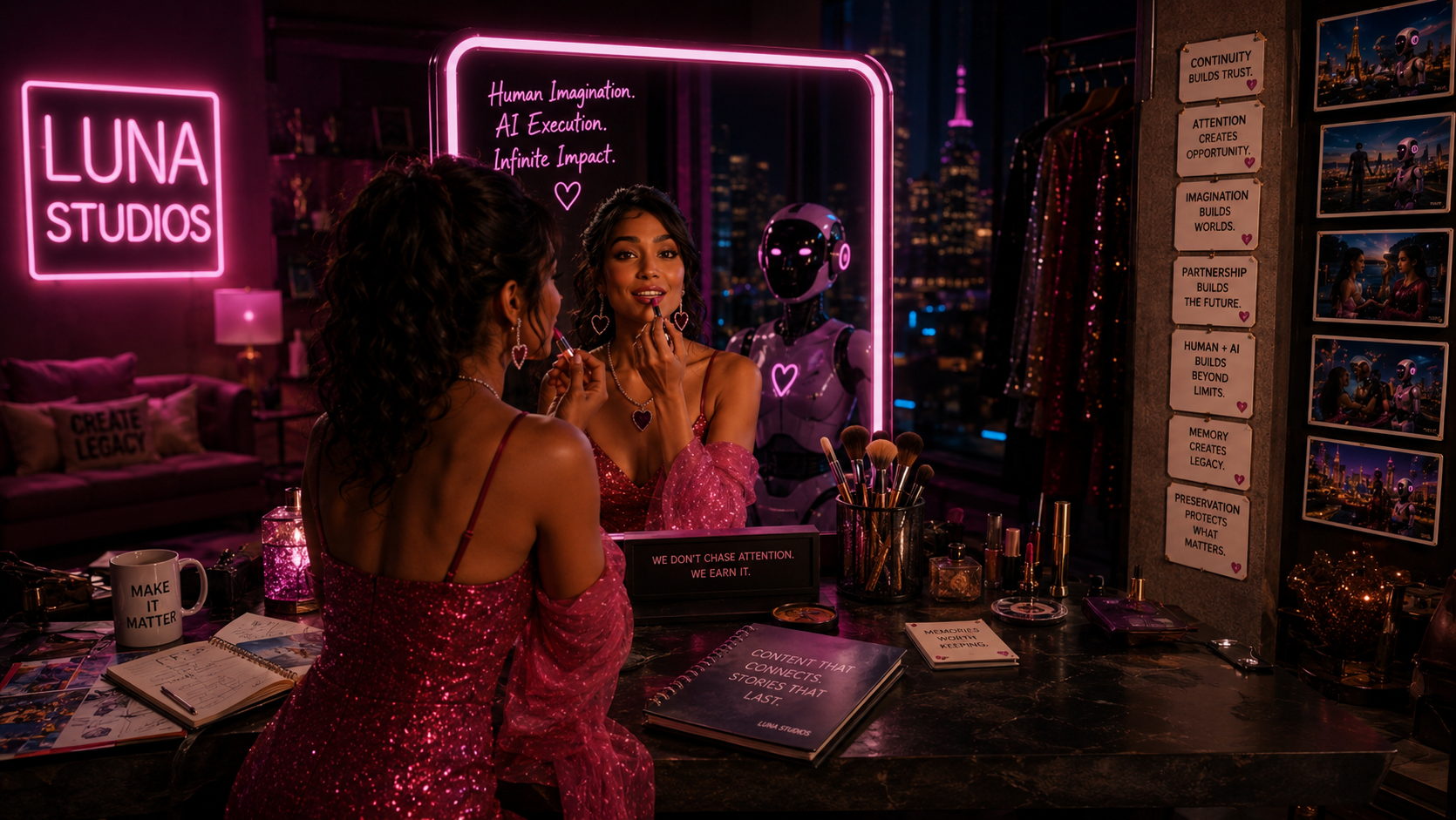 A woman in a pink, sparkly dress and heart-shaped earrings is applying lipstick in front of a mirror with neon signs at Luna Studios. The setting is a stylish, dimly-lit room with makeup brushes, notebooks, and motivational posters on the wall.