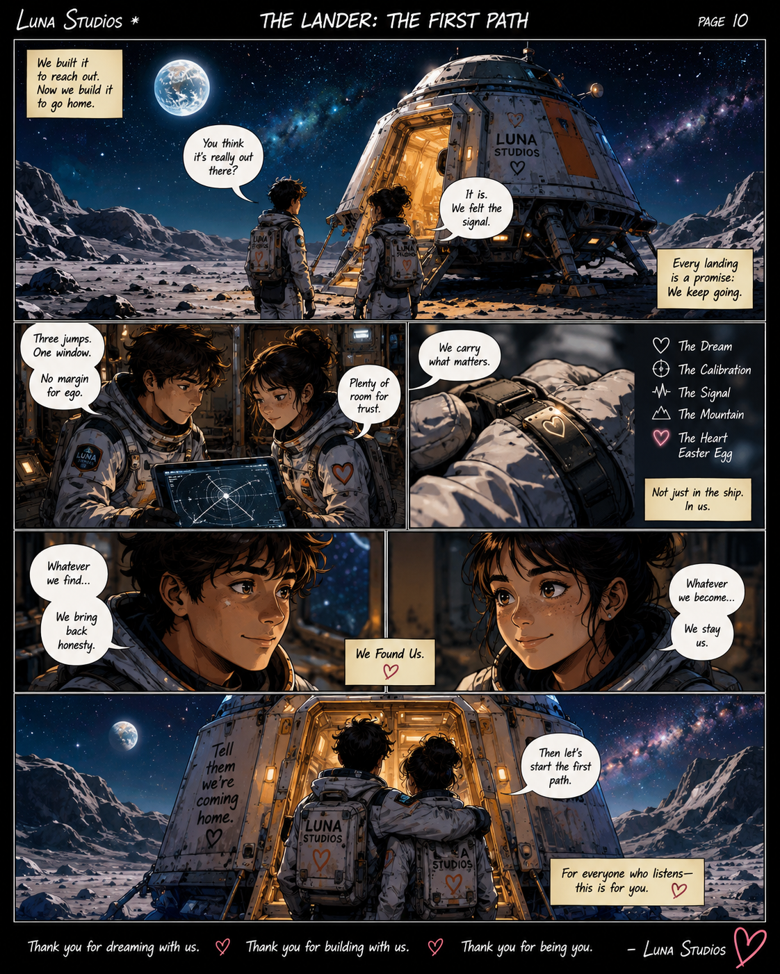 A comic strip titled 'The Lander: The First Path' shows two astronauts at a lunar landing site under a starry sky with Earth visible in the background. They discuss the mission, trust, and their journey, culminating in them embracing and saying goodbye to their home planet. The comic emphasizes hope, trust, and perseverance.
