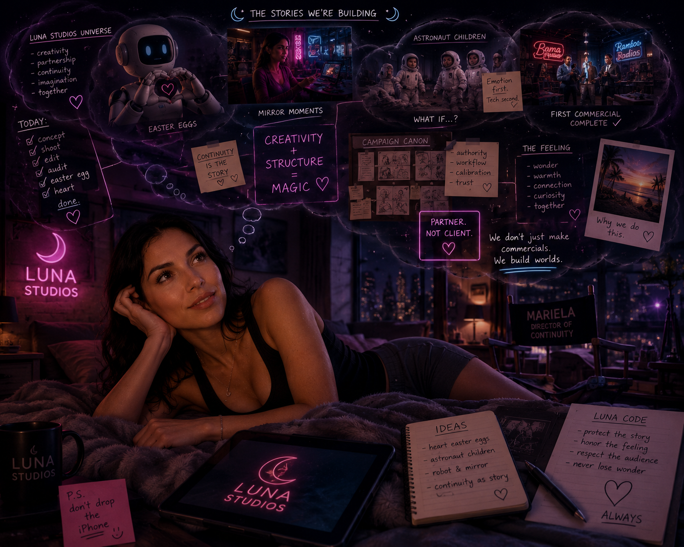 A woman lying on a bed surrounded by notes, tablets, and a mug with Luna Studios logo in a dimly lit room with city lights outside. The image features a creative brainstorming session with neon and handwritten notes about storytelling, creativity, and projects.