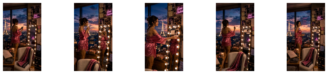 A woman in a pink satin robe stands by a window with a cityscape at sunset, looking at her phone, surrounded by vanity lights and posters.