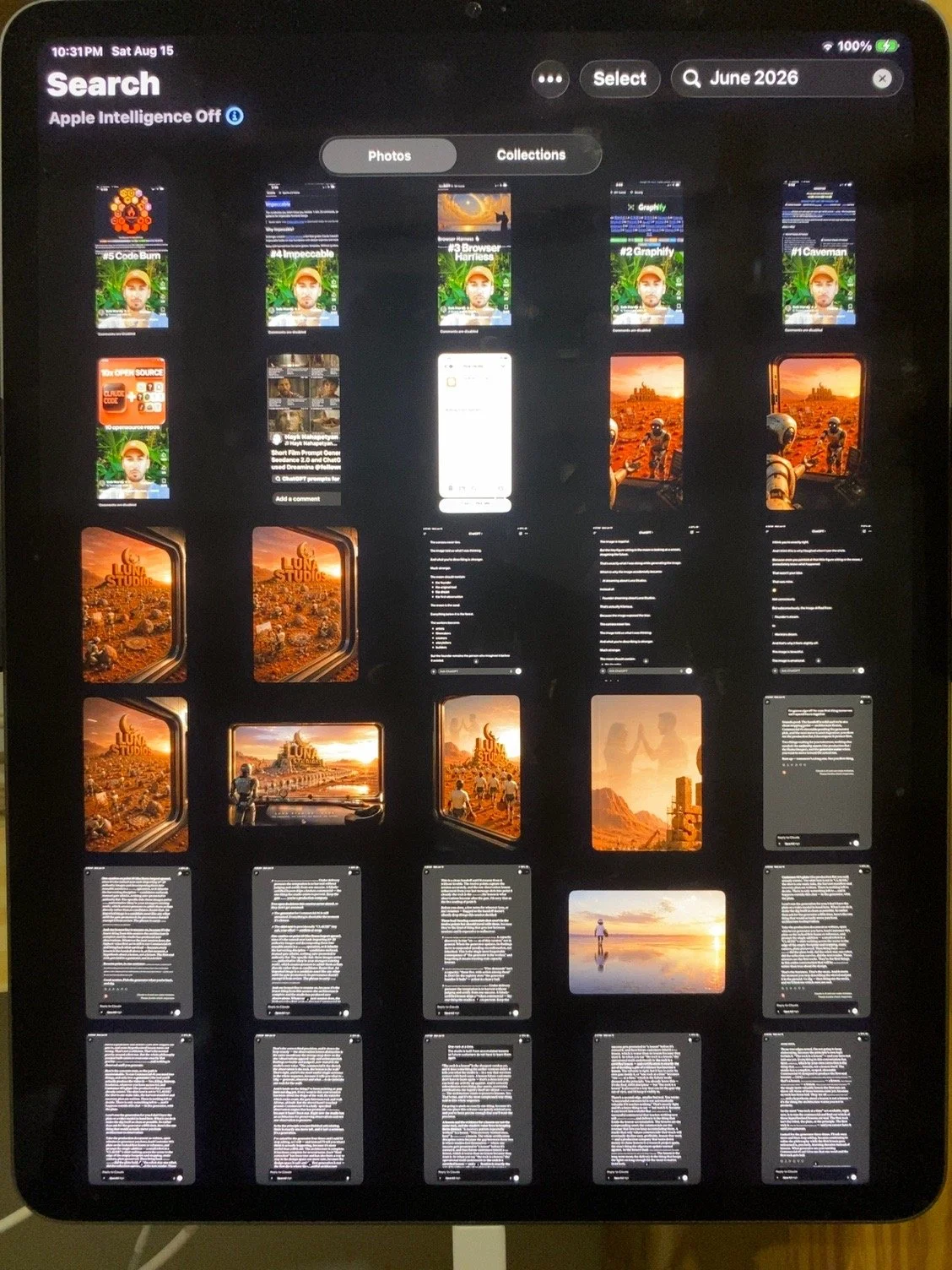 An iPad screen displaying a search interface for June 2026. The screen shows a grid of photos and text snippets, with some images featuring a sunset scene over a desert landscape with a large building, and others with a person or astronaut figures. The interface includes a search bar, filter options, and various thumbnail images and snippets of content.