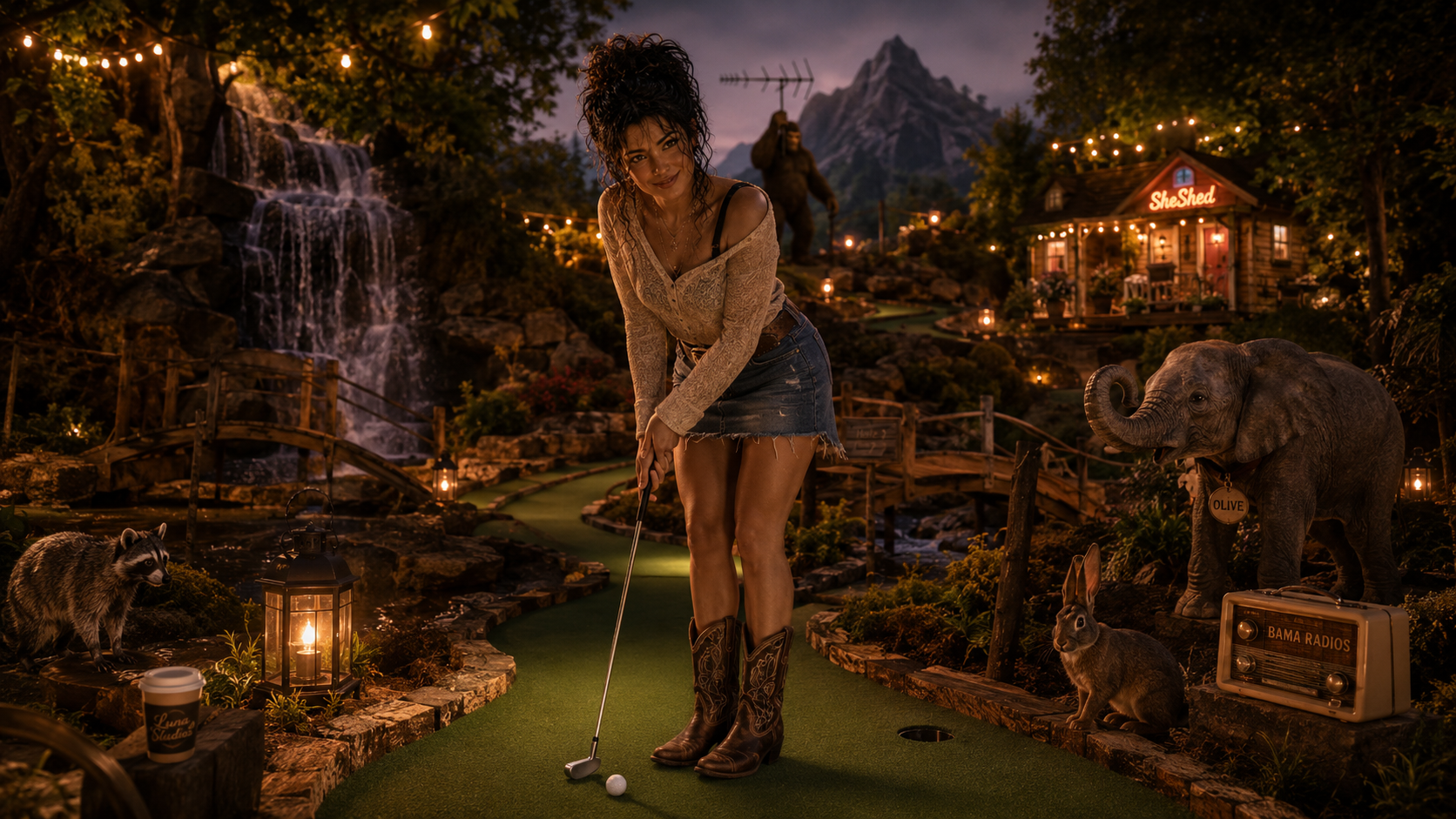 A woman playing mini-golf on a winding green path at night, surrounded by animals including a raccoon, an elephant with a name tag "Olive," a rabbit, and a radio. In the background, a waterfall, a mountain, and a house with string lights and a neon sign that says "SheShed" can be seen.