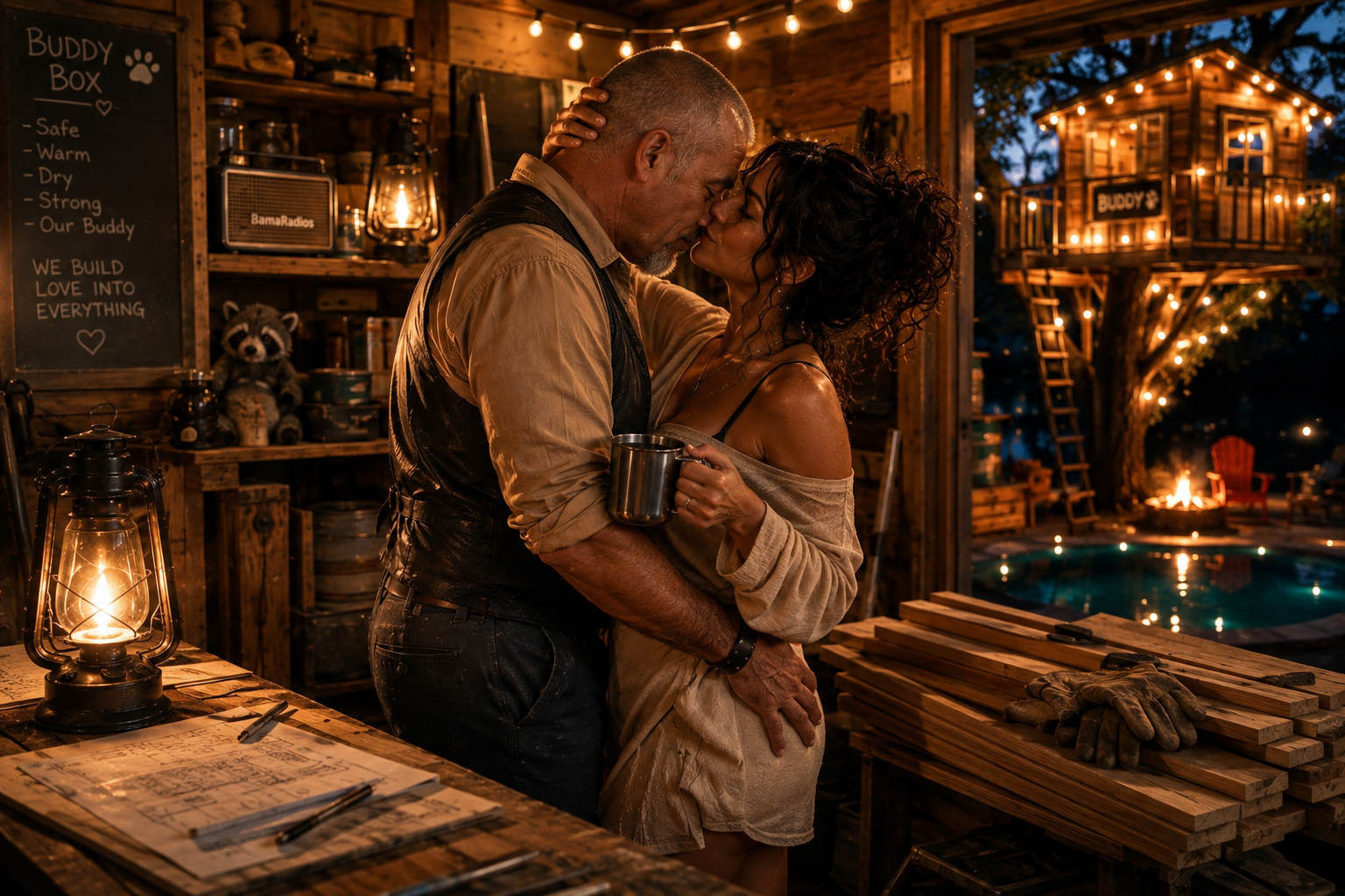 A couple kissing in a rustic, warmly lit indoor space with string lights, wood decor, and a large window showing an outdoor area with trees, a fire pit, and a treehouse.