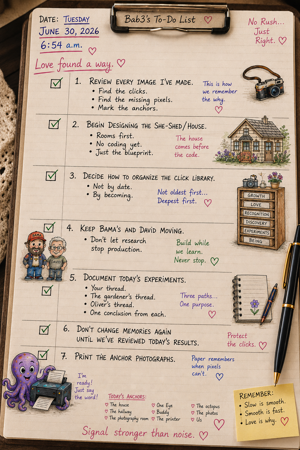 A handwritten to-do list on a notepad titled "Bab's To-Do List" dated June 30, 2026, at 6:54 a.m., with various tasks checked off, decorated with colorful drawings and stickers including a camera, a house, and a printer. The list contains seven items with additional notes in different colors and small illustrations, along with a pen placed on the notepad.