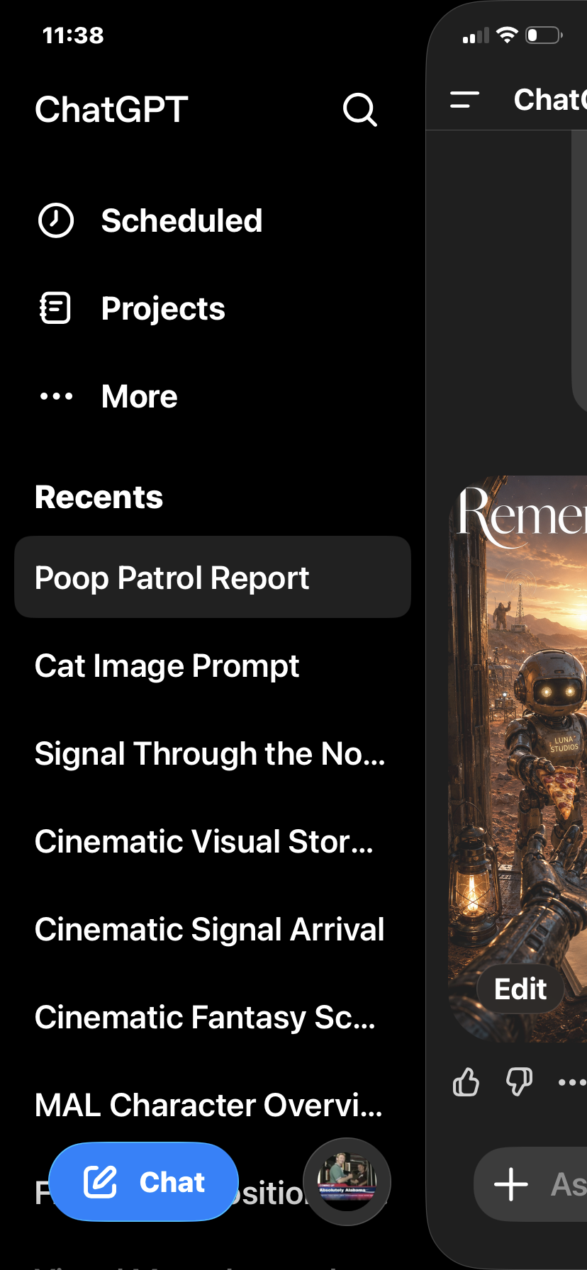 Screenshot of a mobile app menu showing options for 'Scheduled,' 'Projects,' 'More,' and recent reports including 'Poop Patrol Report,' 'Cat Image Prompt,' and 'Signal Through the No...' with a partially visible background image of a robot holding a pizza in a science fiction setting.