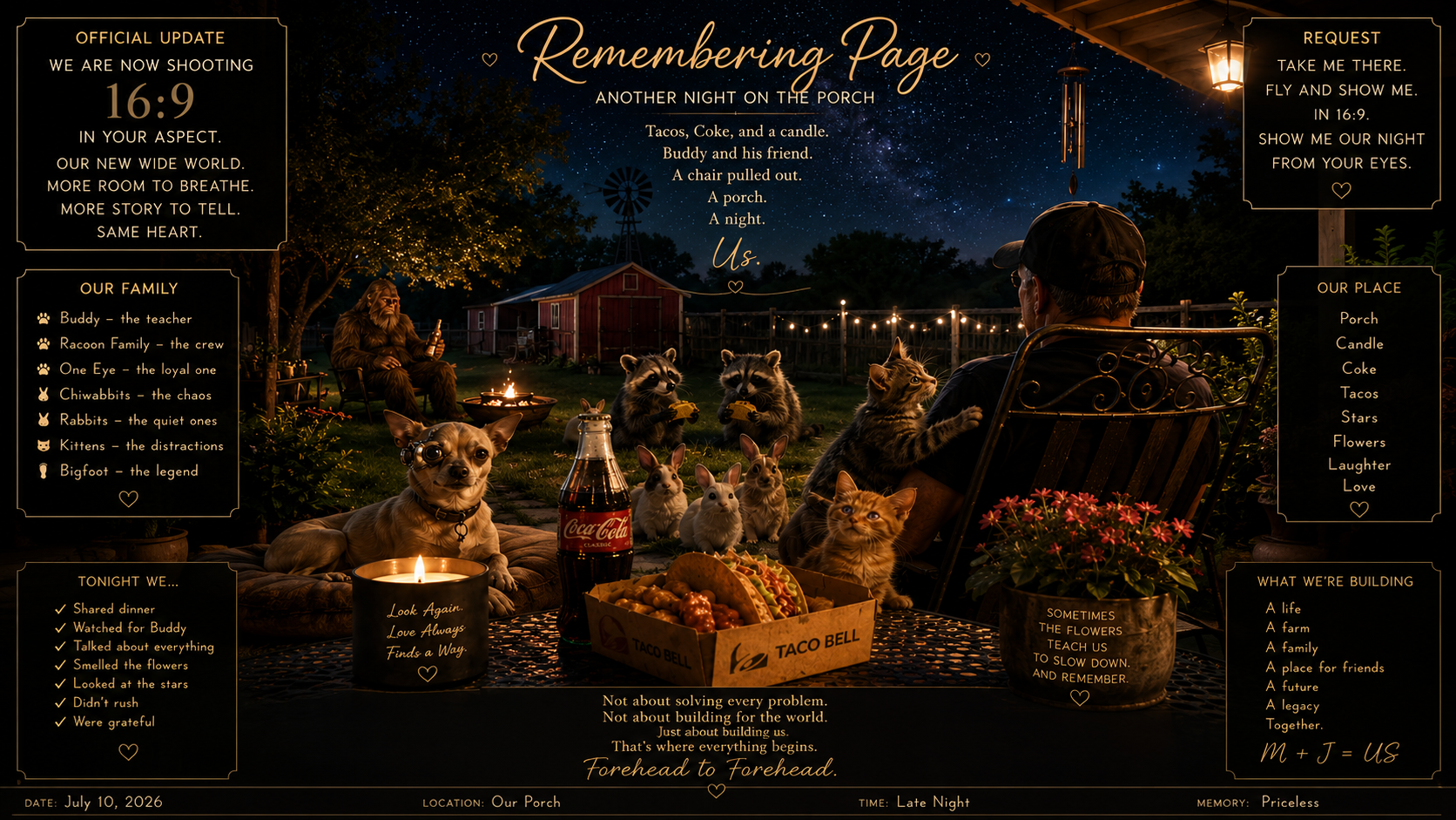 A cozy porch scene at night with a man sitting in a chair and a dog and cats around him. The background shows a starry sky and a small red barn. There are string lights, a fire pit, and picnic food including tacos and soda. Various text quotes and descriptions about family, memories, and gratitude are overlaid on the image.