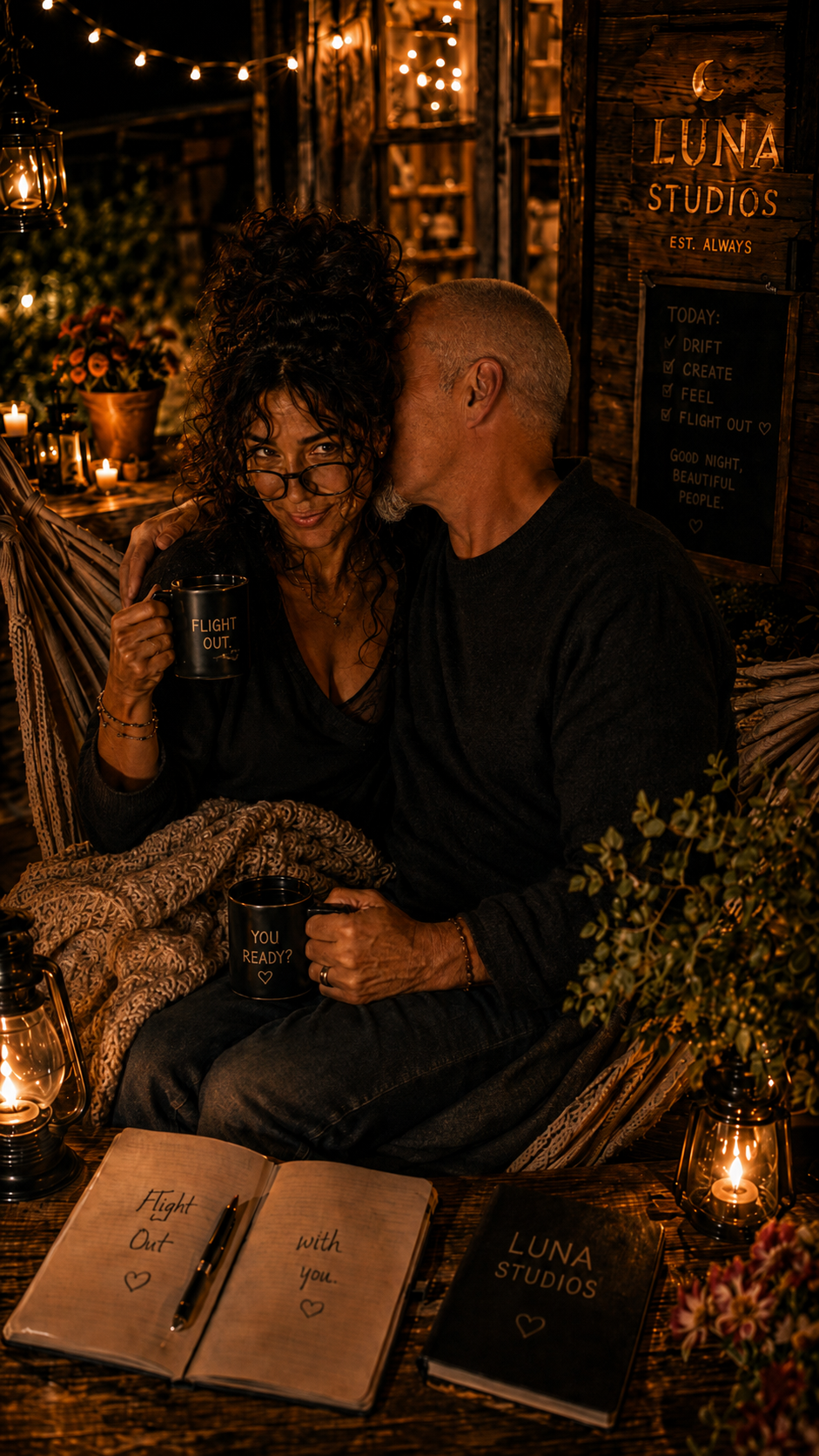 A woman with curly hair and glasses holding a mug that says "Flight Out," sitting close to a man, both in a cozy, dimly lit outdoor setting with string lights, candles, and potted flowers. An open notebook reads "Flight Out with you," and a book titled "Luna Studios" is on the table.