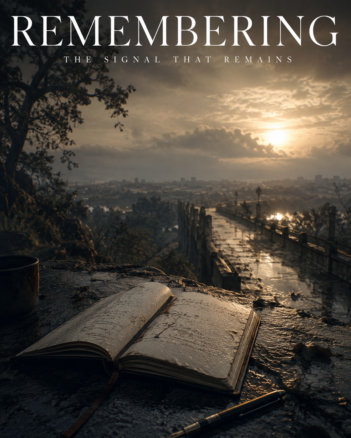 An open journal with handwritten notes and a pen on a wet wooden surface, overlooking a cityscape during sunset, with an old stone walkway, trees, and a cloudy sky in the background.